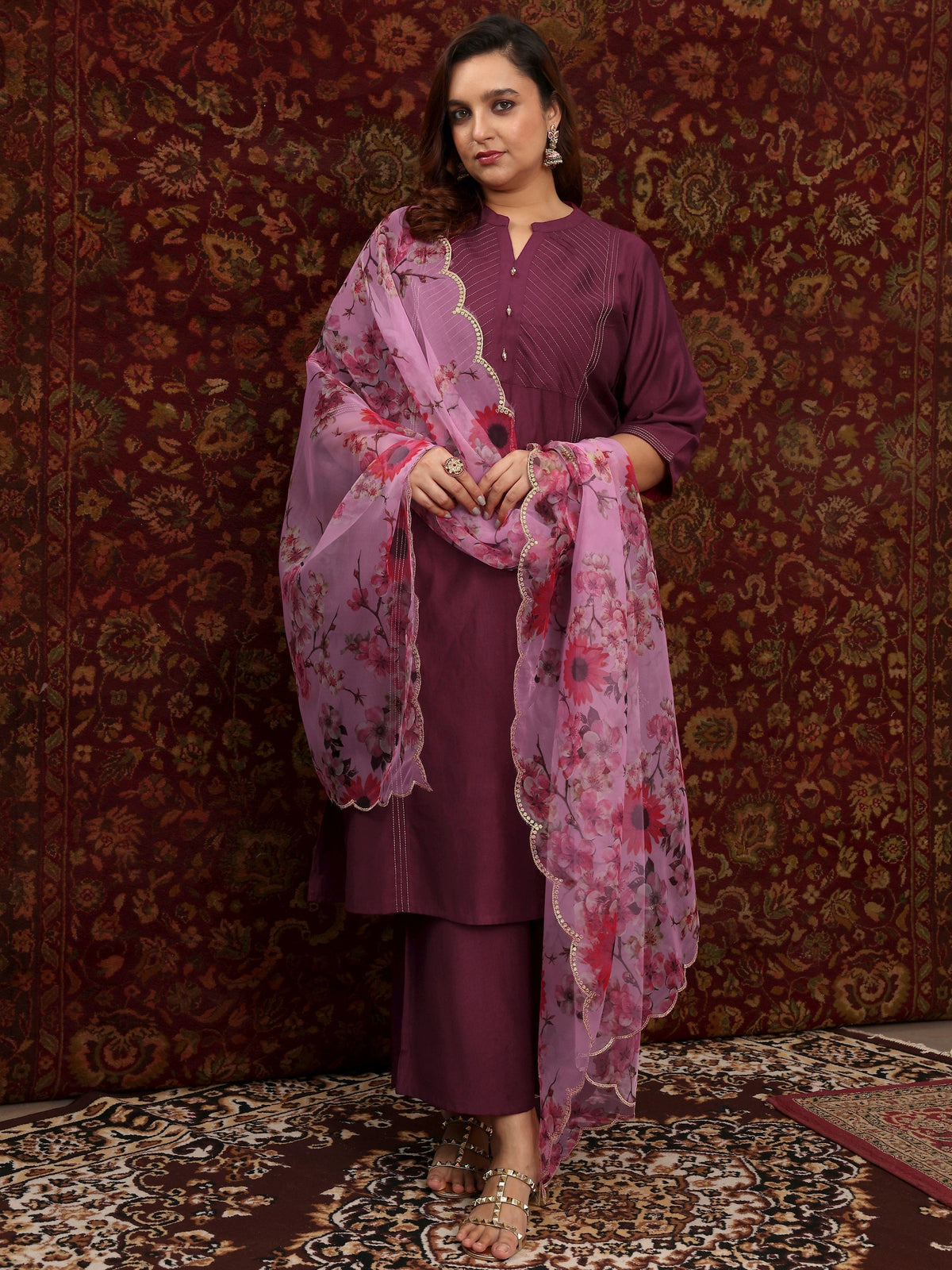 Plus Size Burgundy Woven Design Silk Blend Straight Suit Set With Dupatta
