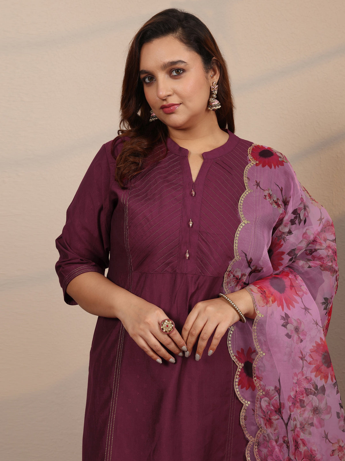 Plus Size Burgundy Woven Design Silk Blend Straight Suit Set With Dupatta