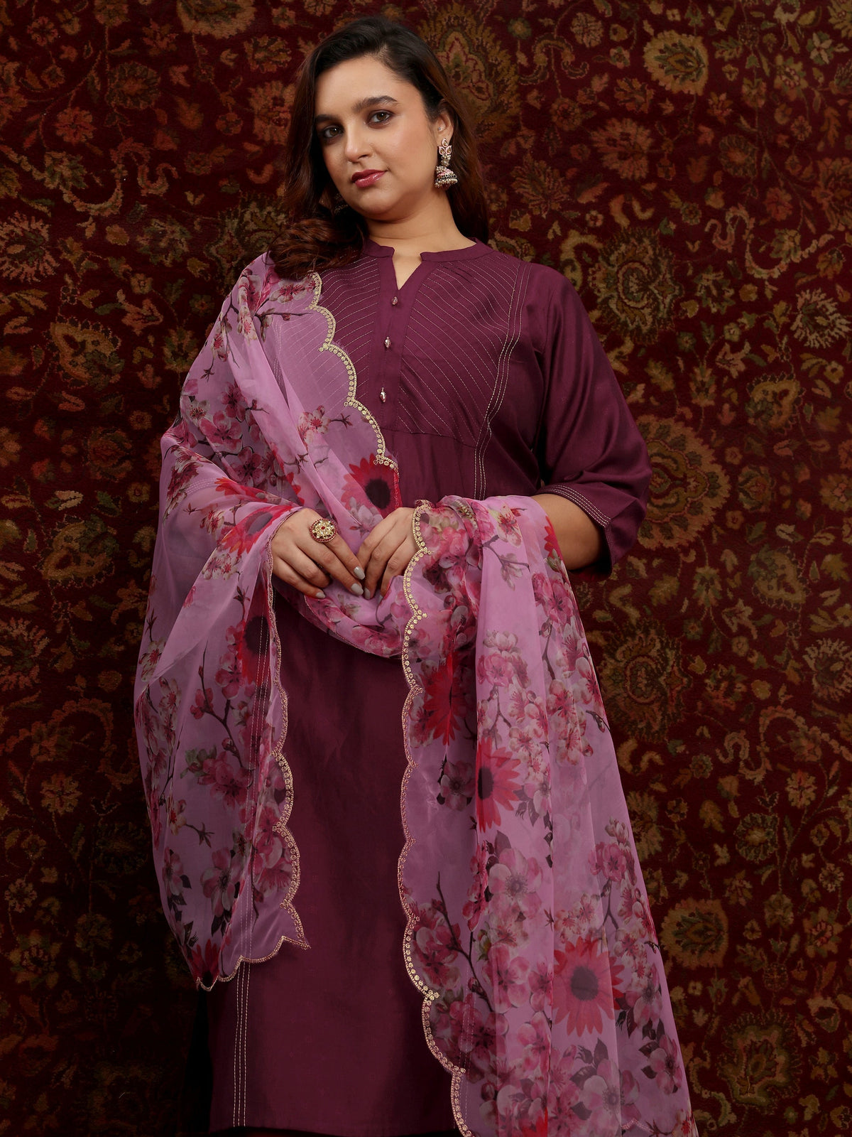 Plus Size Burgundy Woven Design Silk Blend Straight Suit Set With Dupatta