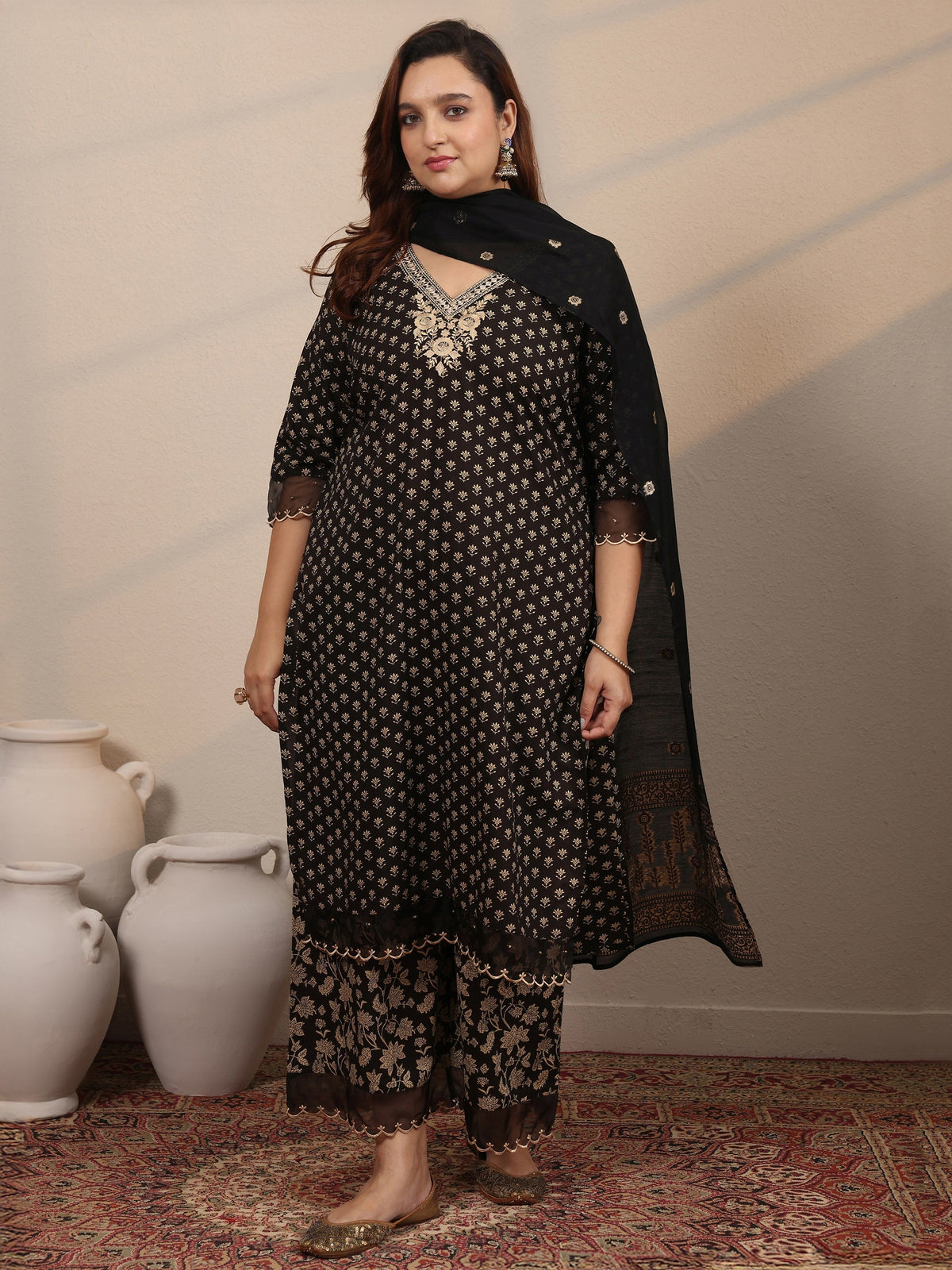 Plus Size Black Printed Cotton Straight Suit Set With Dupatta