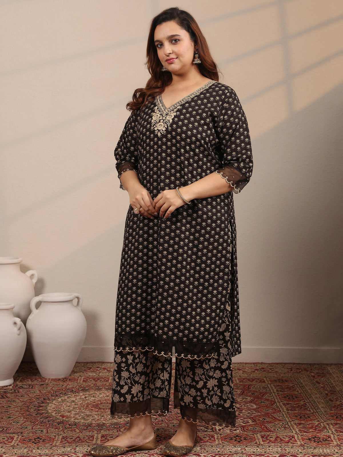 Plus Size Black Printed Cotton Straight Suit Set With Dupatta