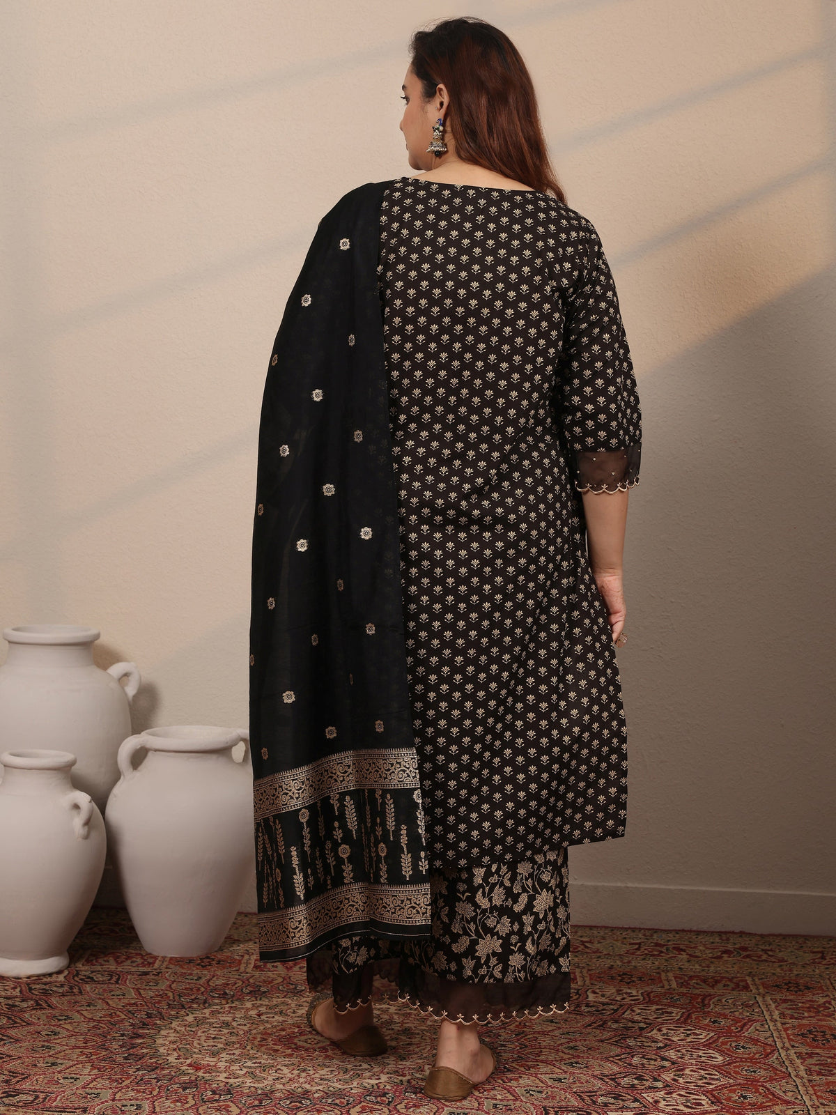 Plus Size Black Printed Cotton Straight Suit Set With Dupatta