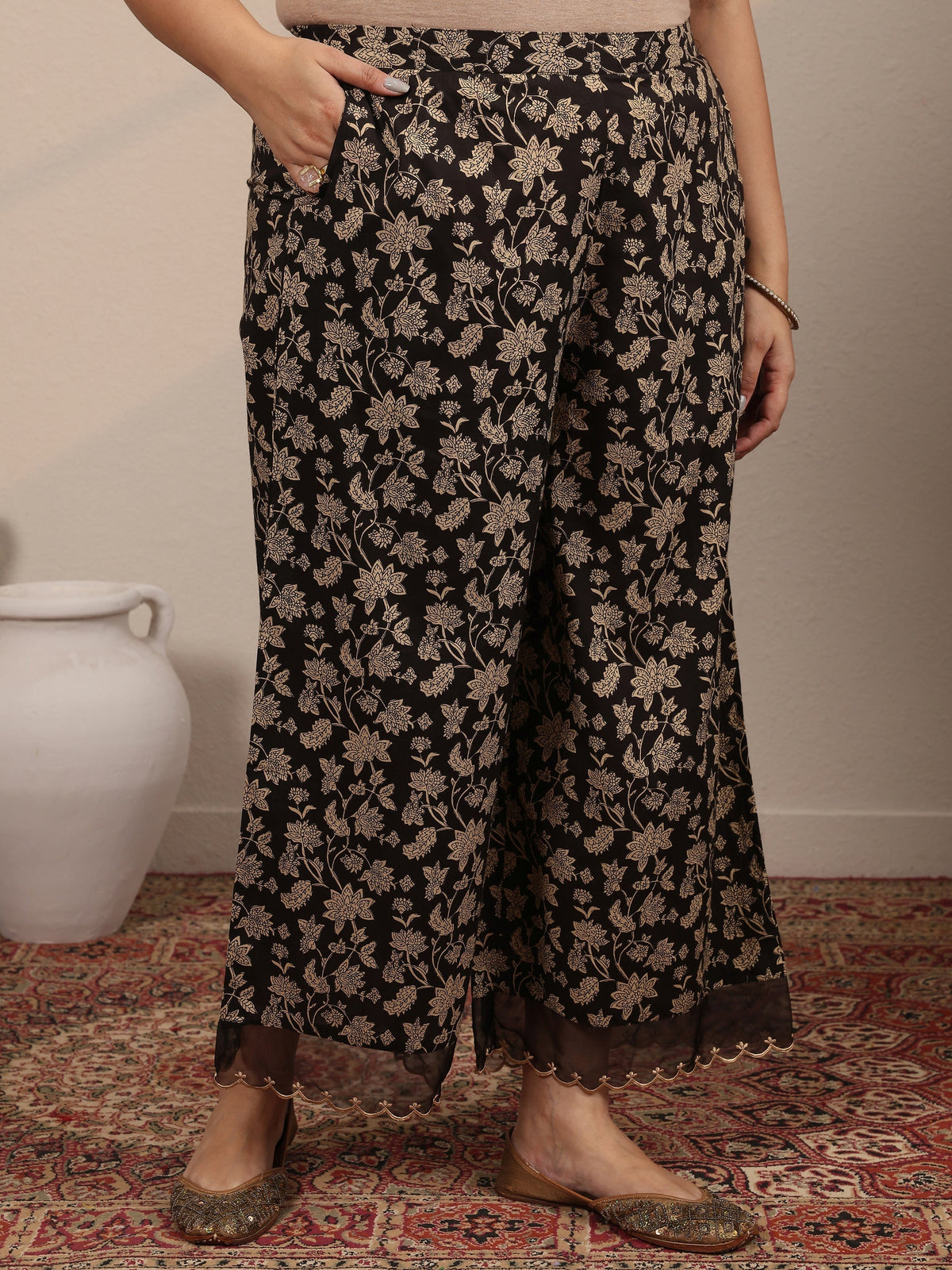 Plus Size Black Printed Cotton Straight Suit Set With Dupatta
