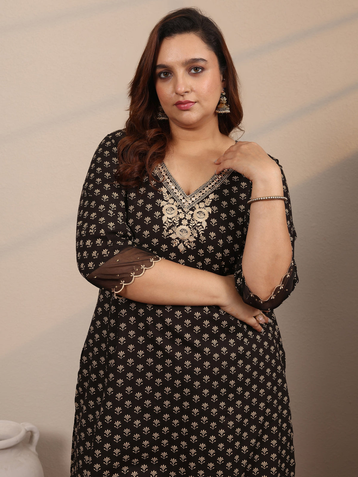 Plus Size Black Printed Cotton Straight Suit Set With Dupatta