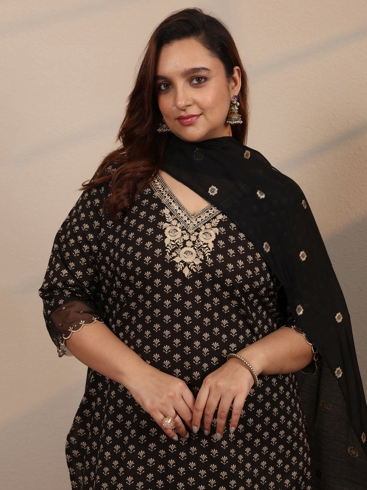 Plus Size Black Printed Cotton Straight Suit Set With Dupatta