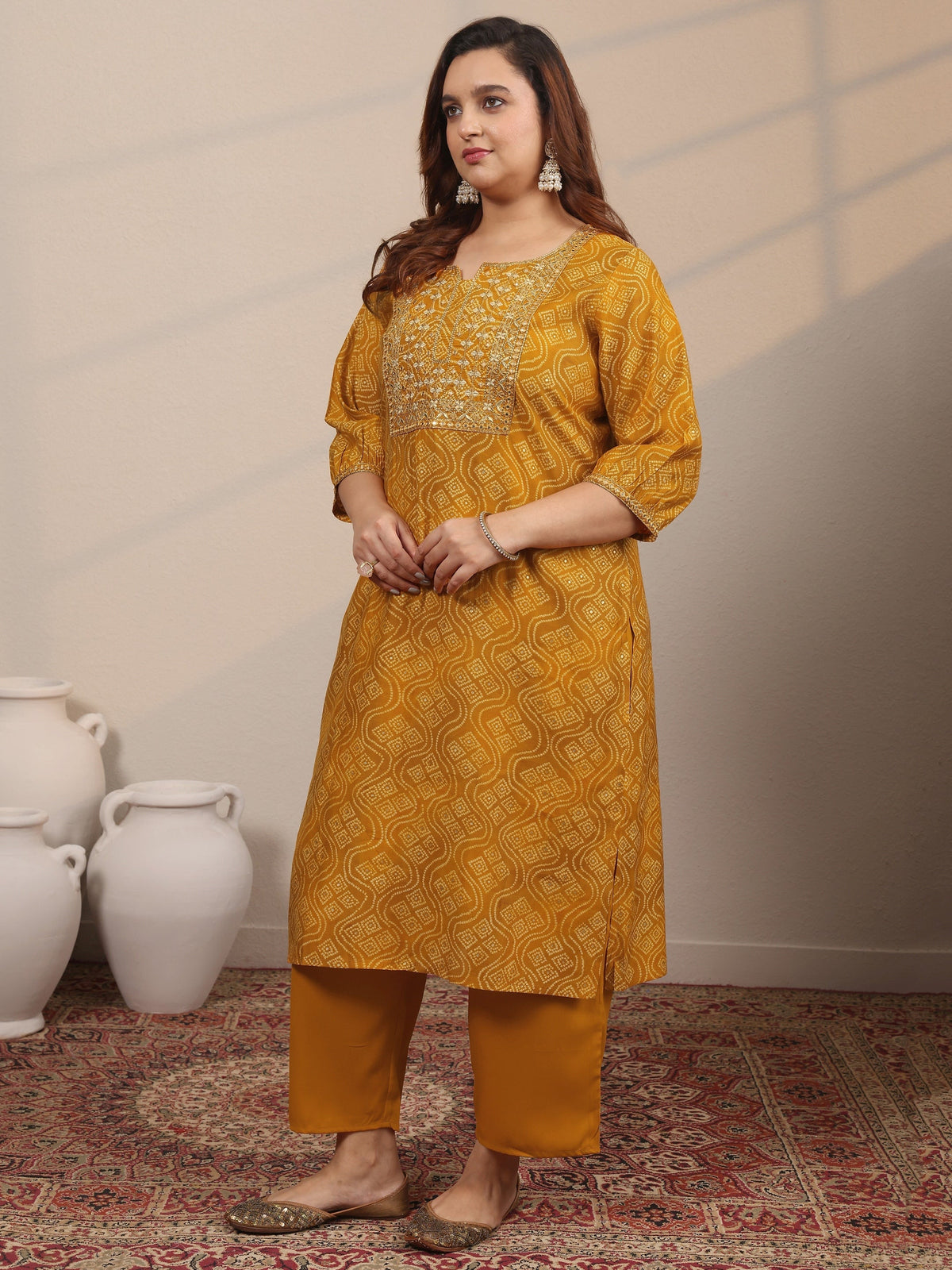 Plus Size Mustard Printed Silk Blend Straight Suit Set With Dupatta