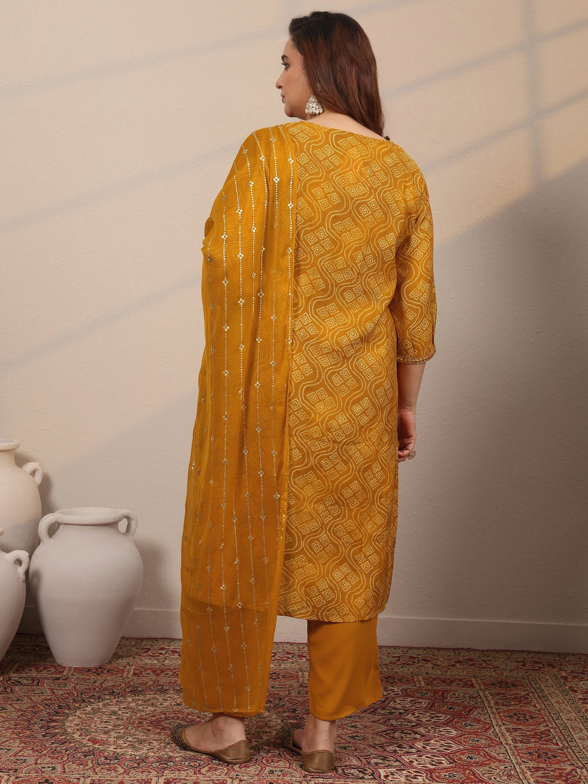 Plus Size Mustard Printed Silk Blend Straight Suit Set With Dupatta