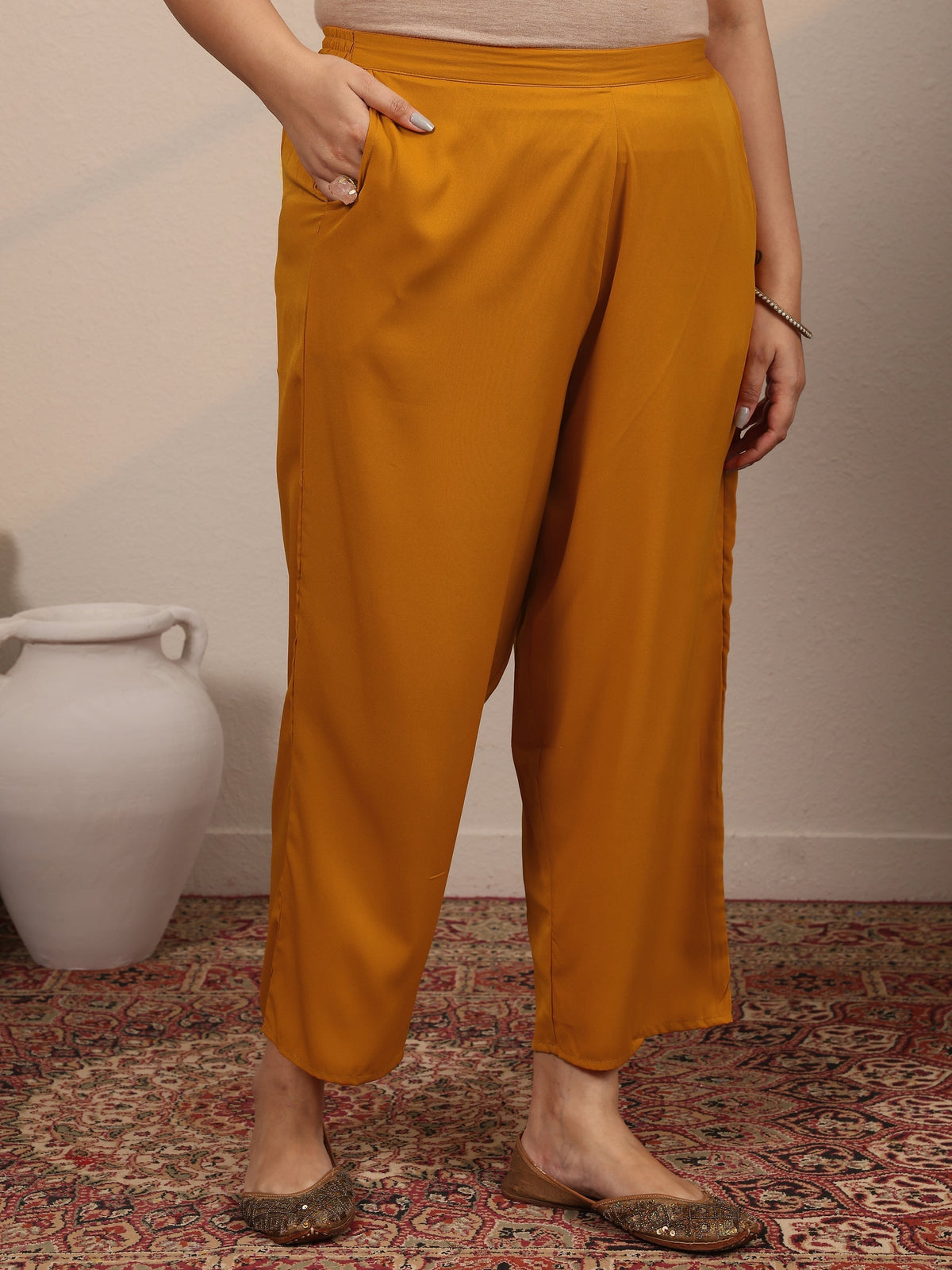 Plus Size Mustard Printed Silk Blend Straight Suit Set With Dupatta