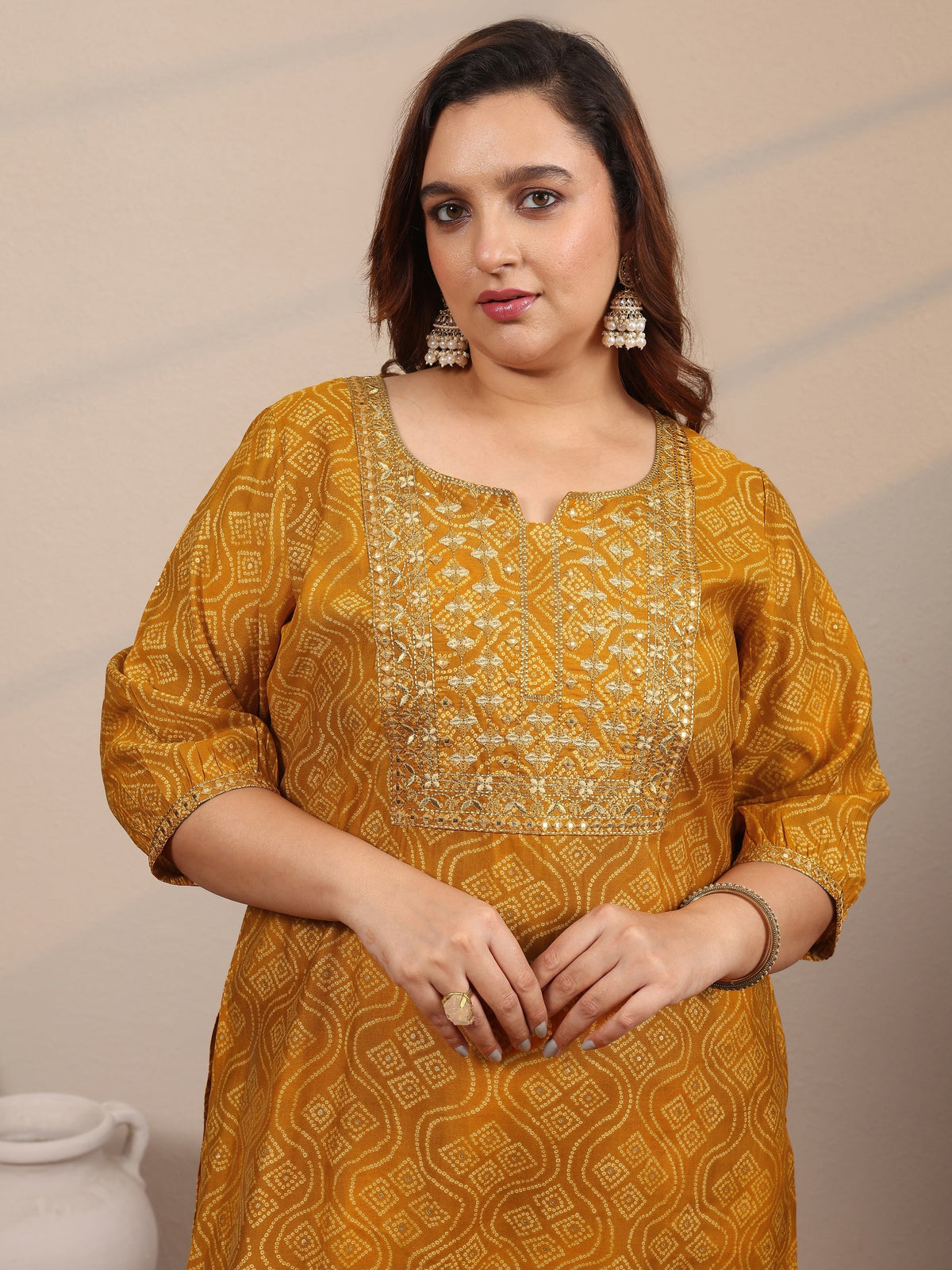 Plus Size Mustard Printed Silk Blend Straight Suit Set With Dupatta