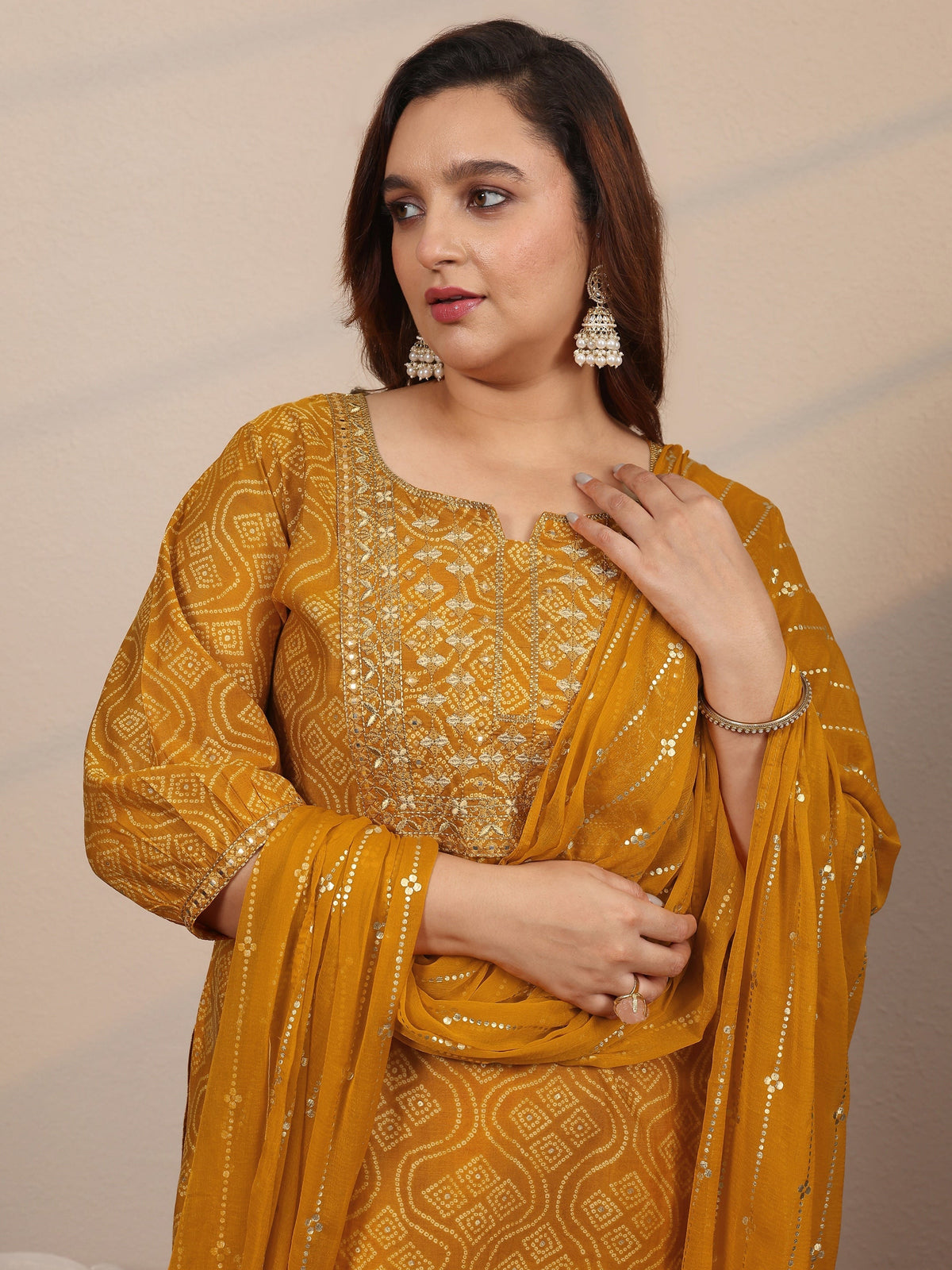 Plus Size Mustard Printed Silk Blend Straight Suit Set With Dupatta