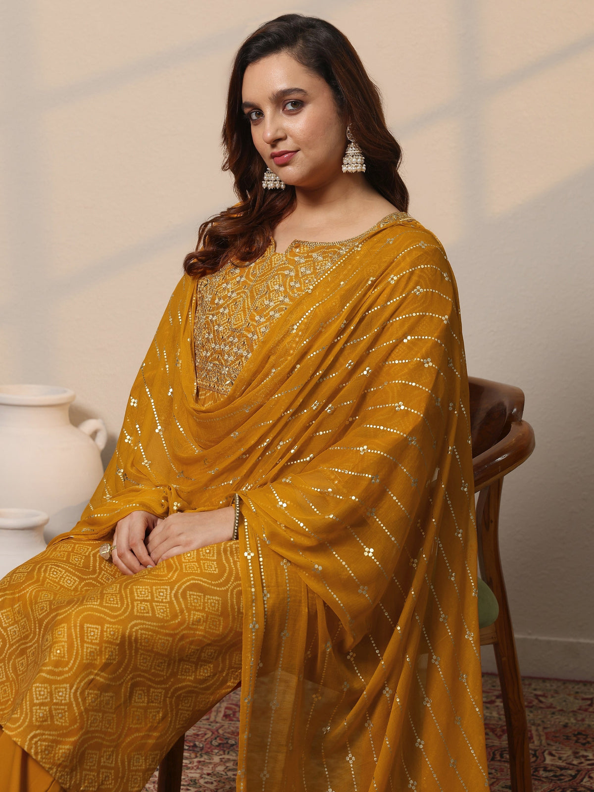 Plus Size Mustard Printed Silk Blend Straight Suit Set With Dupatta