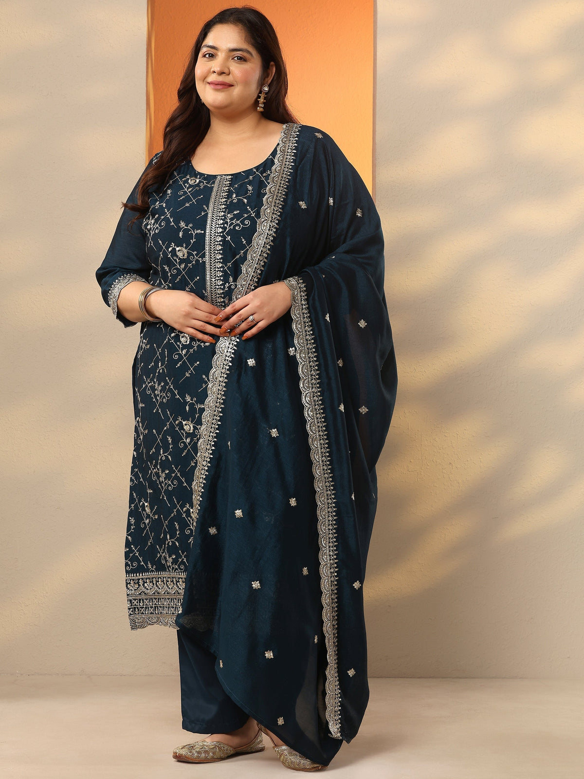 Plus Size Teal Embroidered Silk Blend Straight Suit Set With Dupatta