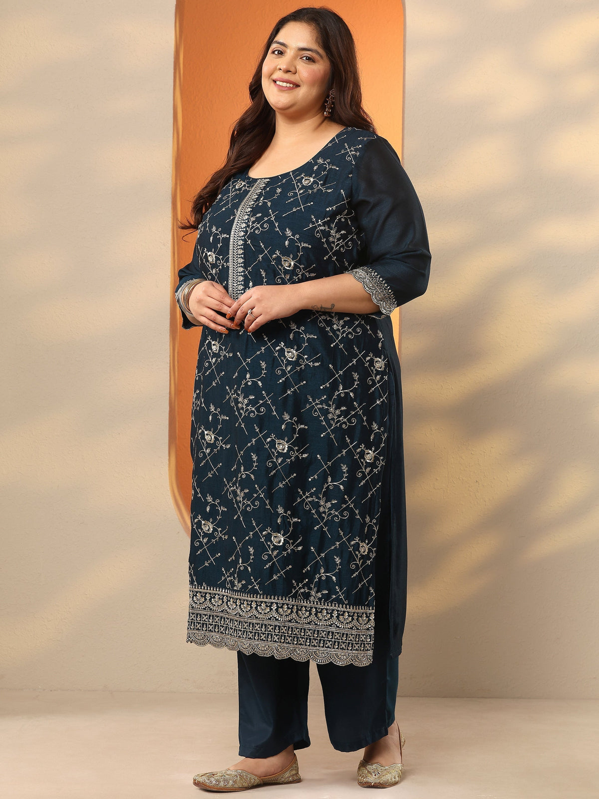 Plus Size Teal Embroidered Silk Blend Straight Suit Set With Dupatta