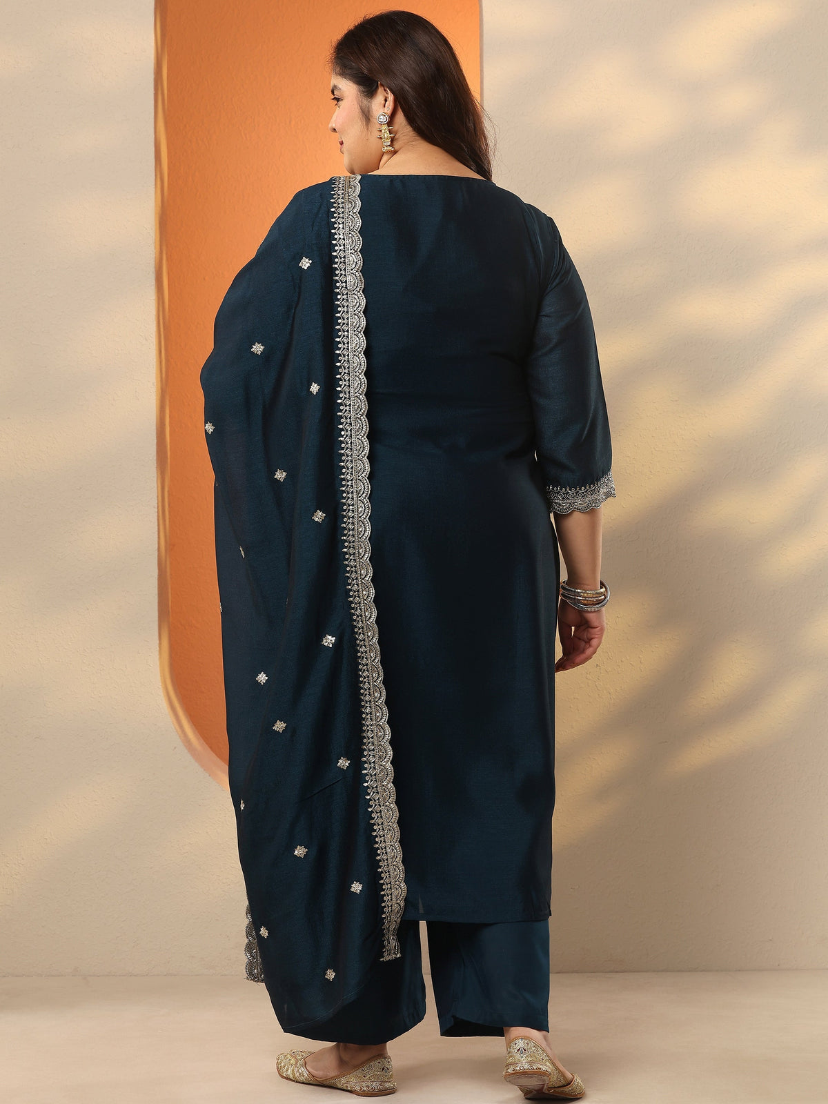 Plus Size Teal Embroidered Silk Blend Straight Suit Set With Dupatta