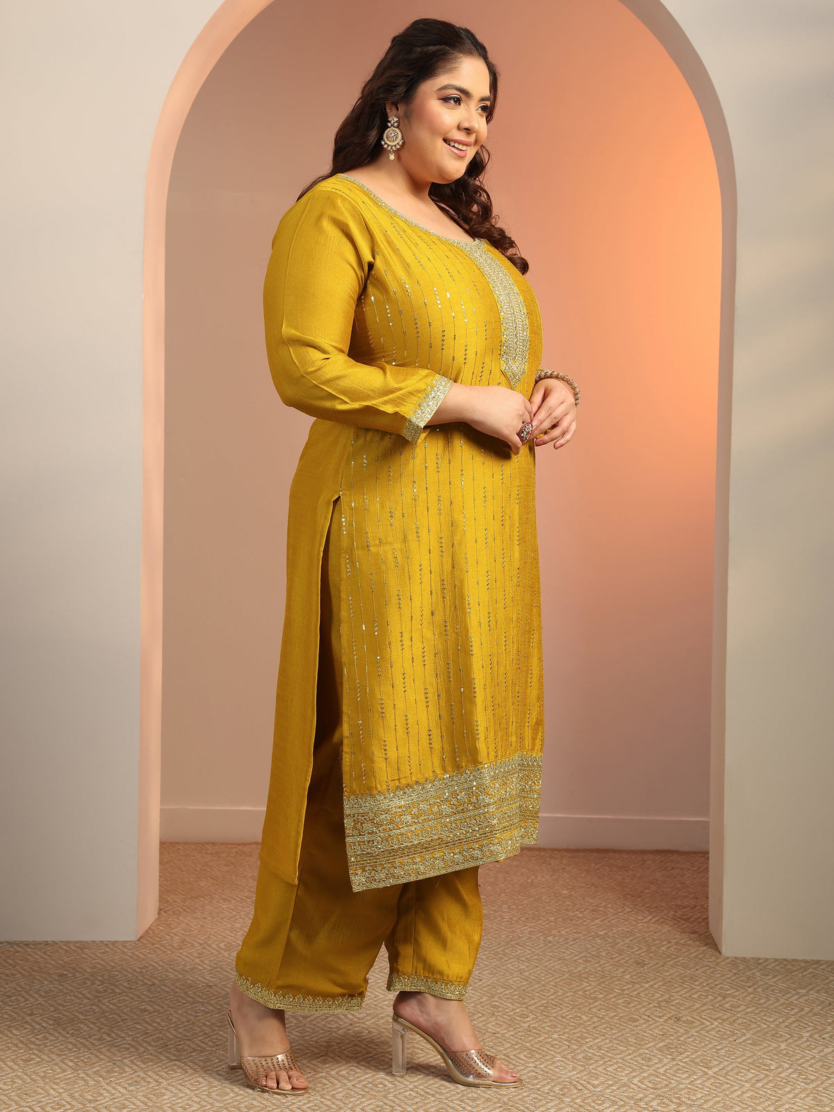Plus Size Mustard Embellished Silk blend Straight Suit Set With Dupatta