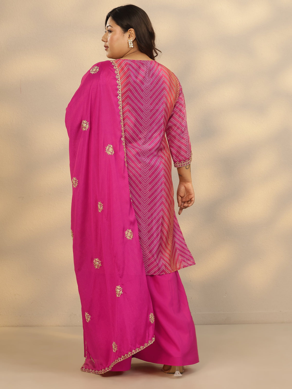 Plus Size Pink Printed Chinon Straight Suit Set With Dupatta