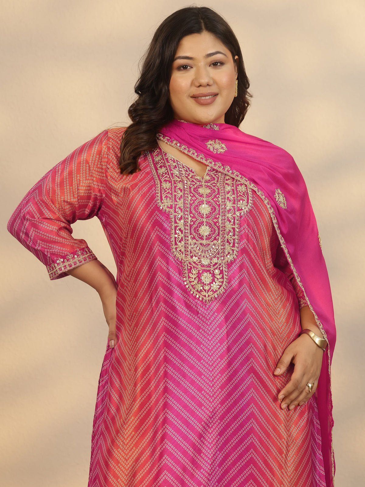 Plus Size Pink Printed Chinon Straight Suit Set With Dupatta