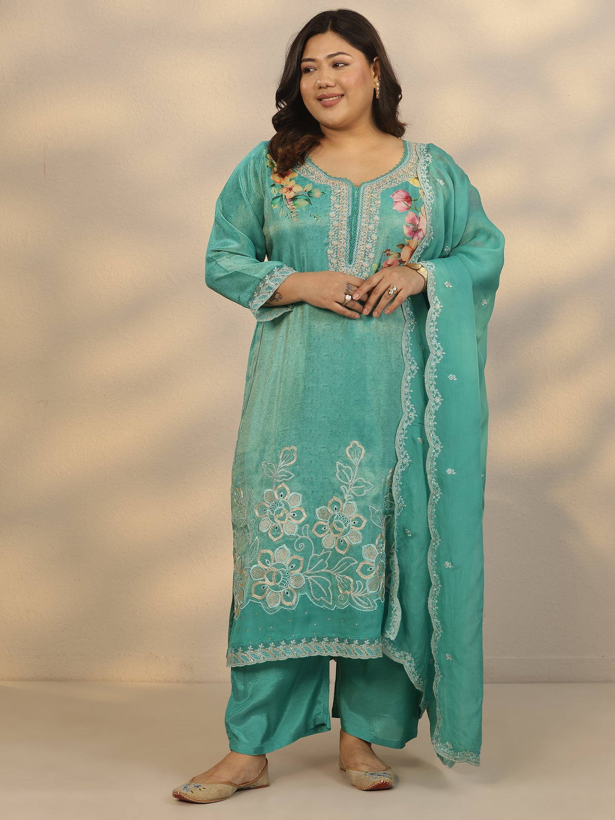 Plus Size Blue Printed Crepe Straight Suit Set With Dupatta