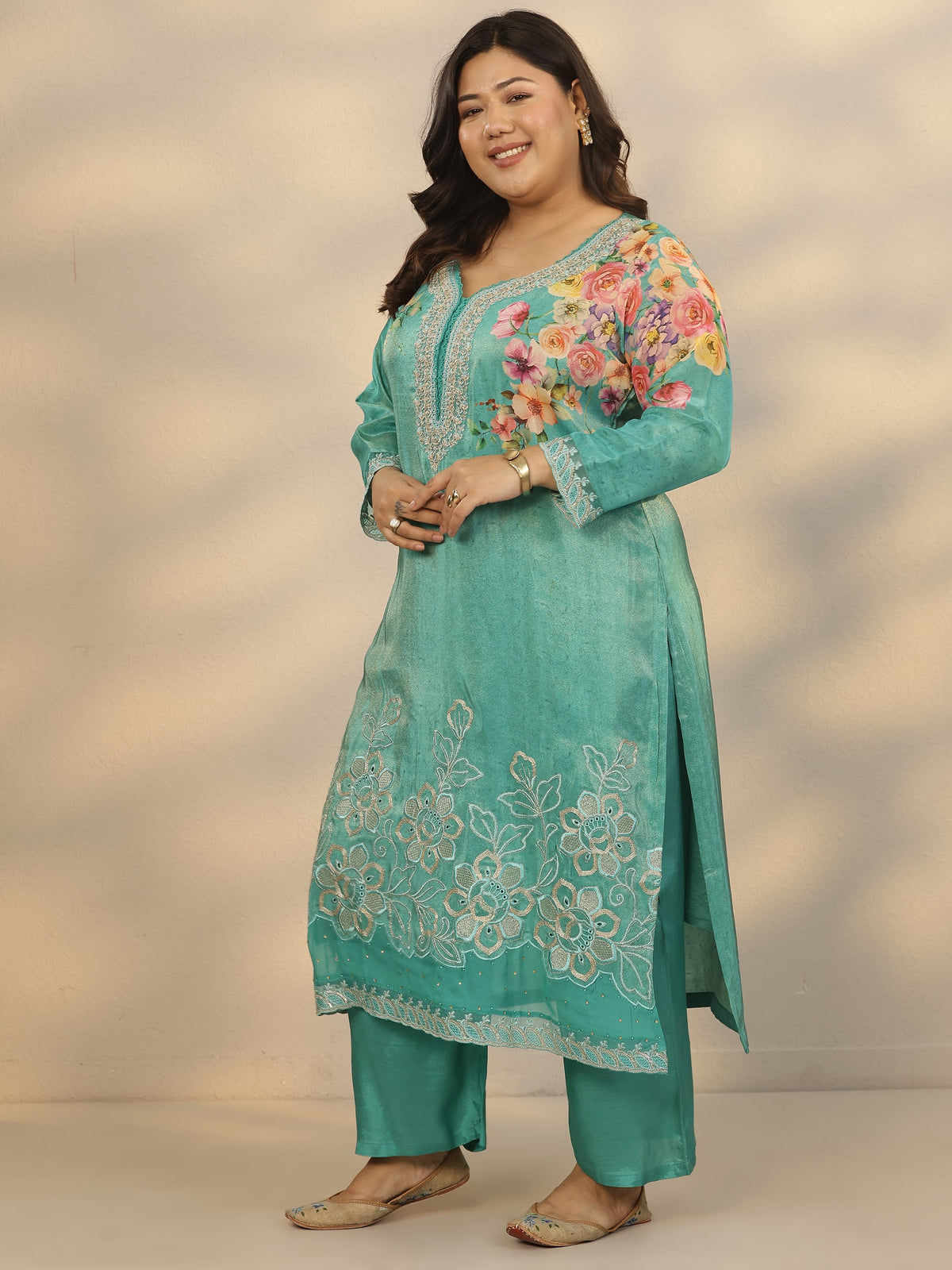 Plus Size Blue Printed Crepe Straight Suit Set With Dupatta