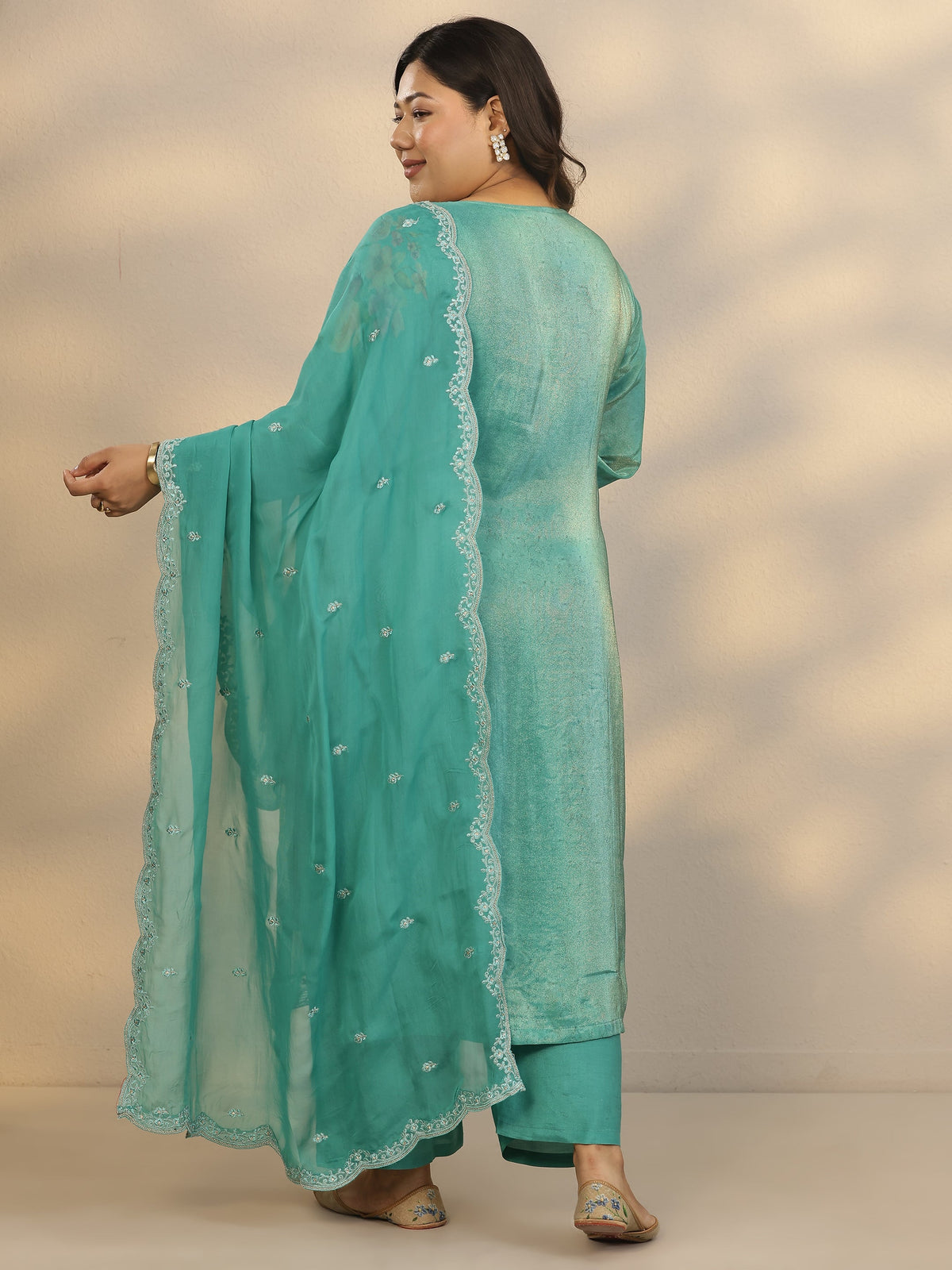 Plus Size Blue Printed Crepe Straight Suit Set With Dupatta