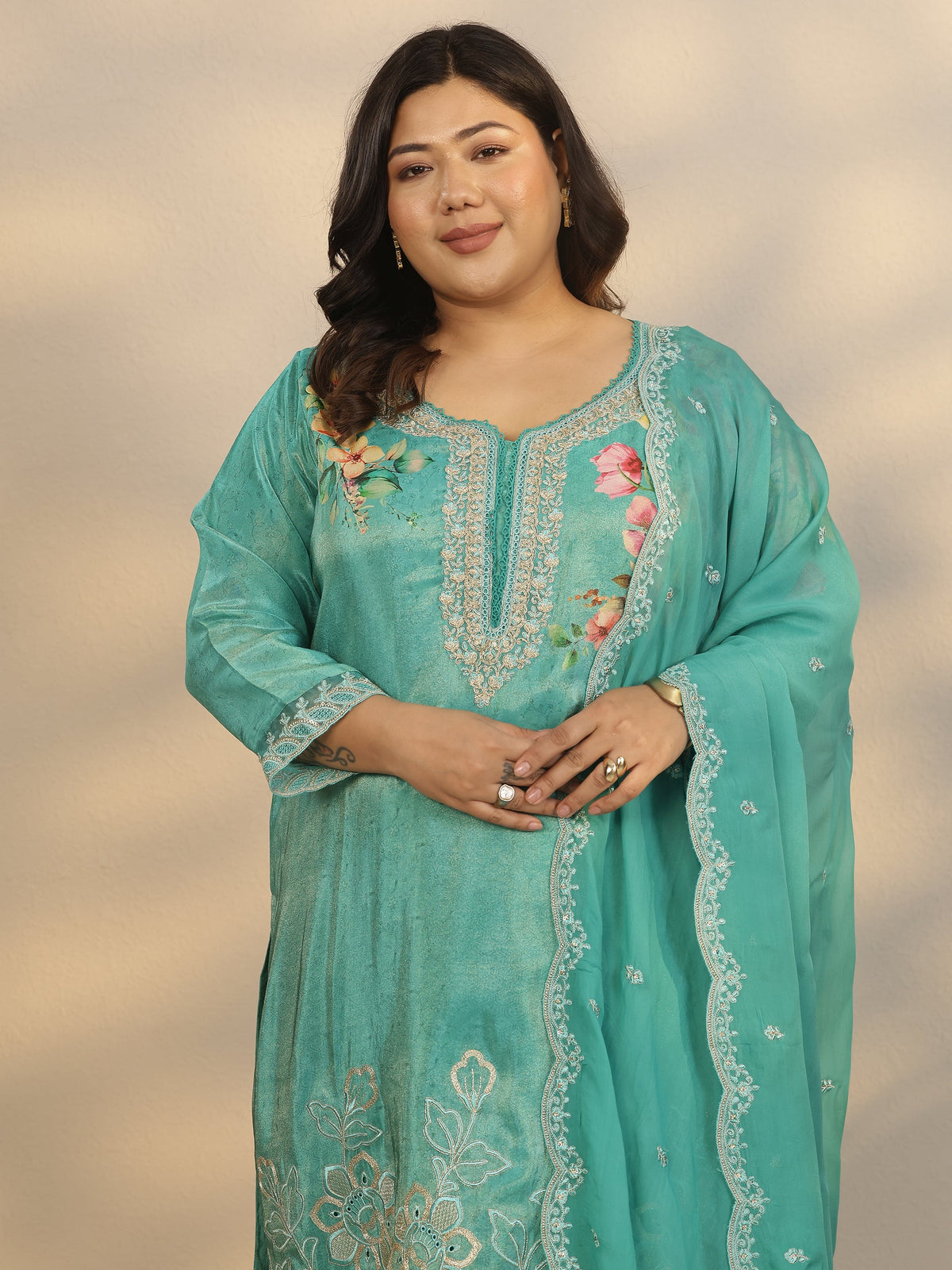 Plus Size Blue Printed Crepe Straight Suit Set With Dupatta