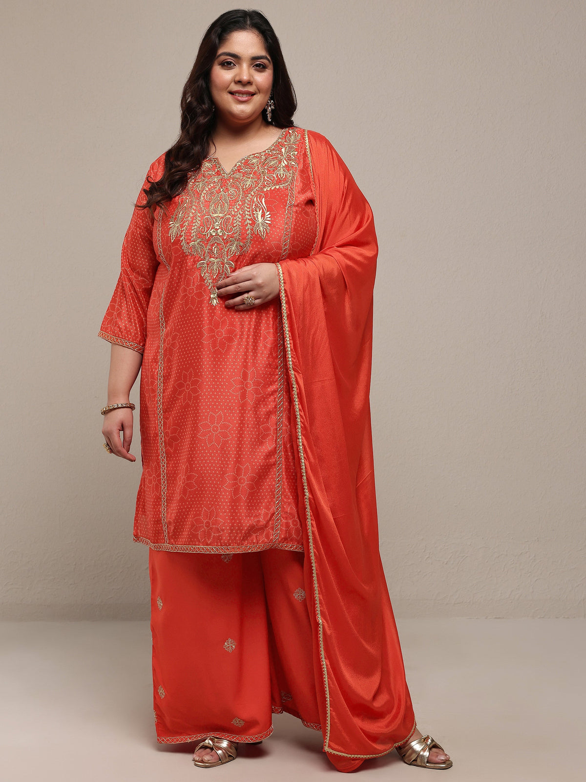 Plus Size Red Bandhani Printed Silk Blend Straight Suit Set With Dupatta
