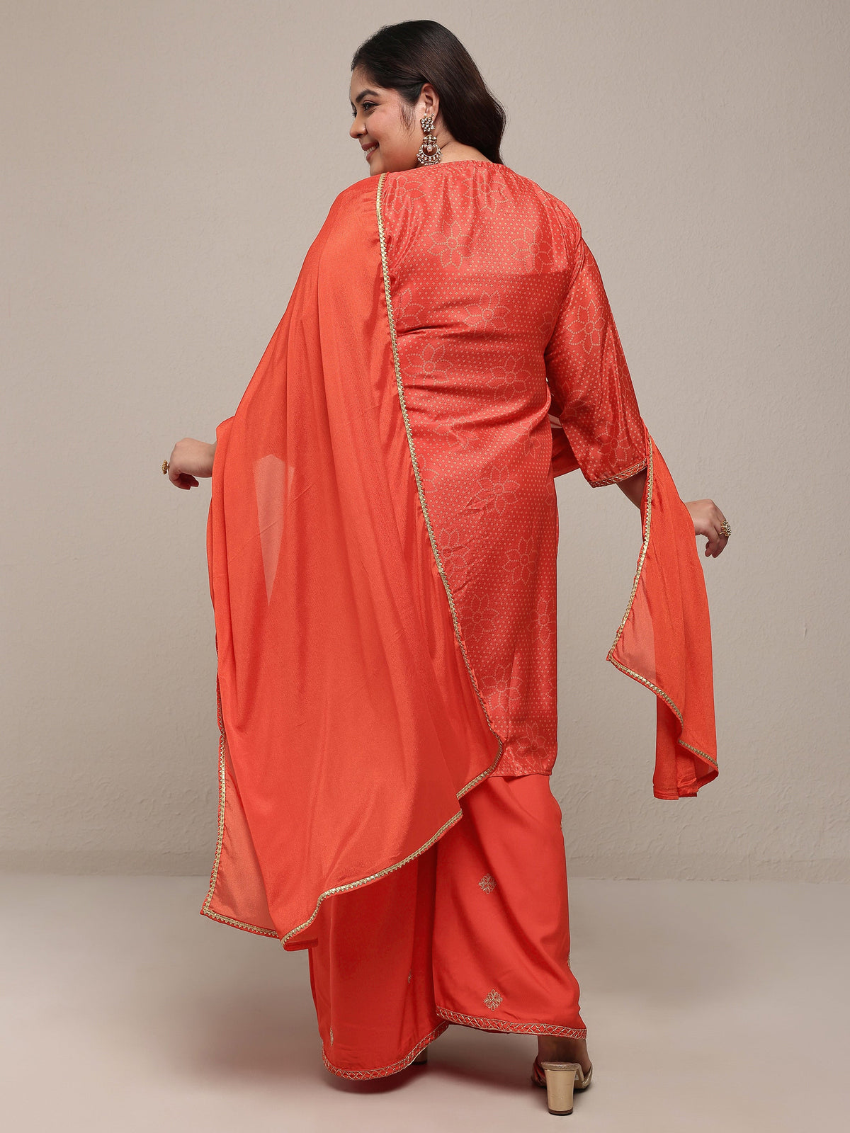 Plus Size Red Bandhani Printed Silk Blend Straight Suit Set With Dupatta