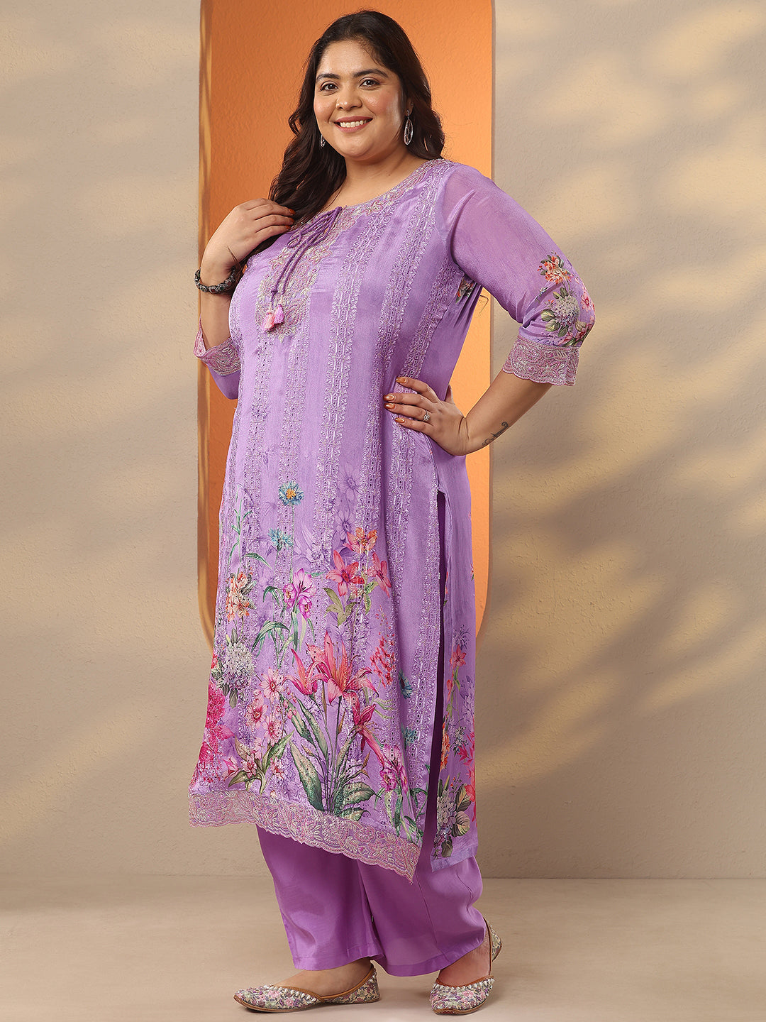 Plus Size Lavender Embroidered Chinon Straight Suit Set With Dupatta