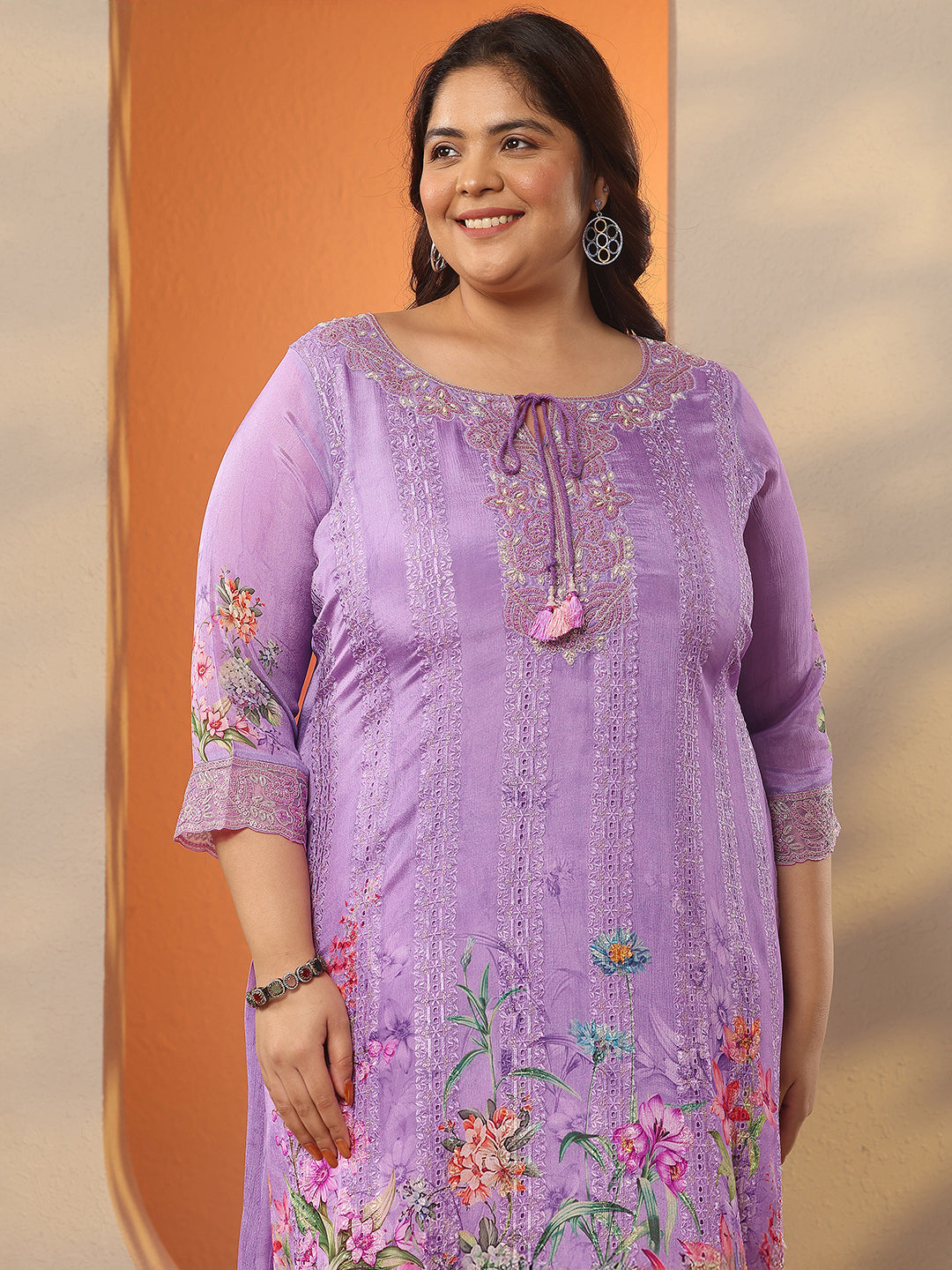 Plus Size Lavender Embroidered Chinon Straight Suit Set With Dupatta