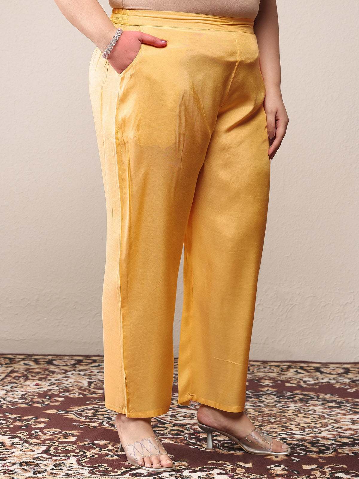 Plus Size Yellow Embroidered Silk Crepe Straight Suit Set With Dupatta
