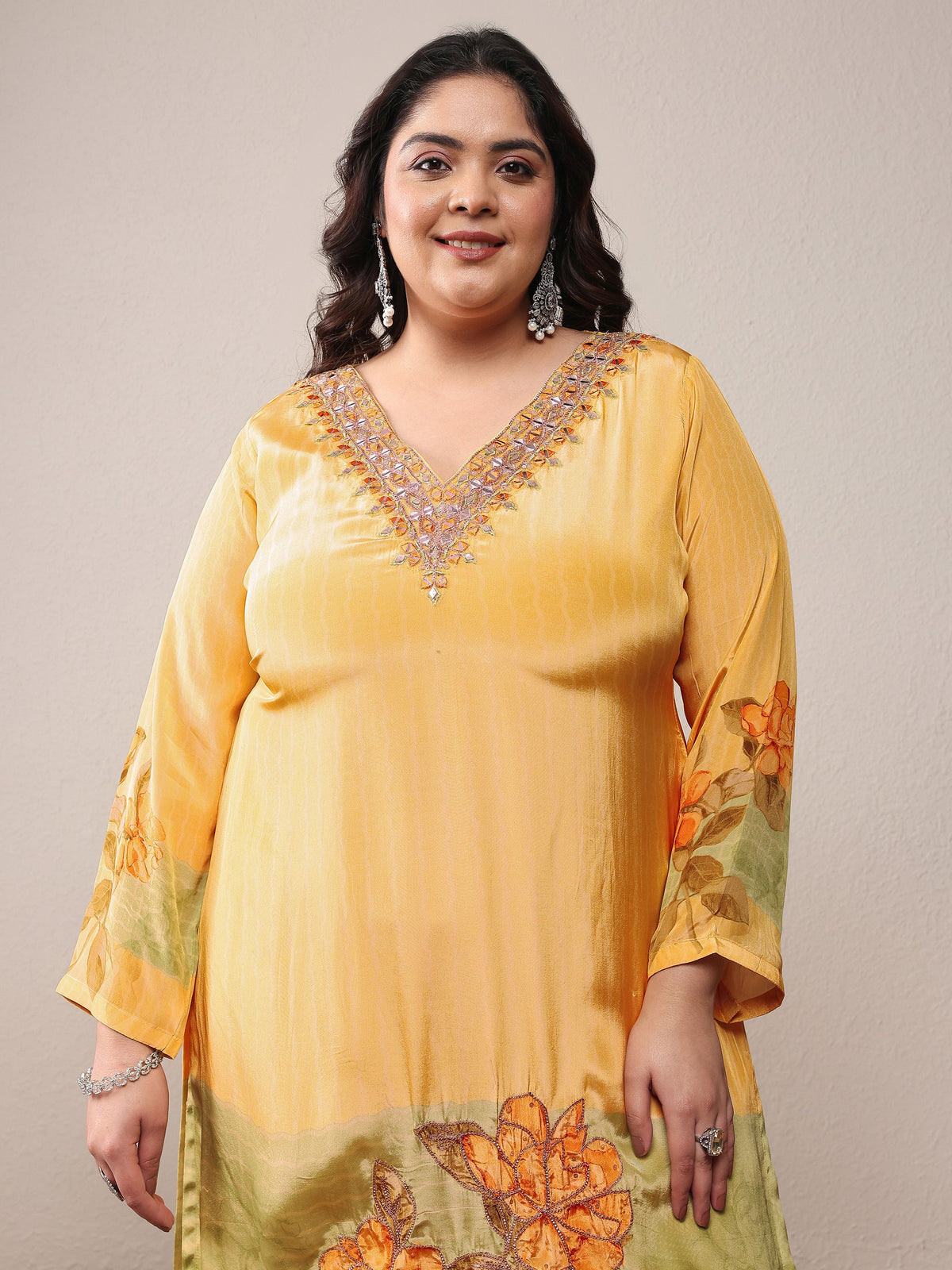 Plus Size Yellow Embroidered Silk Crepe Straight Suit Set With Dupatta