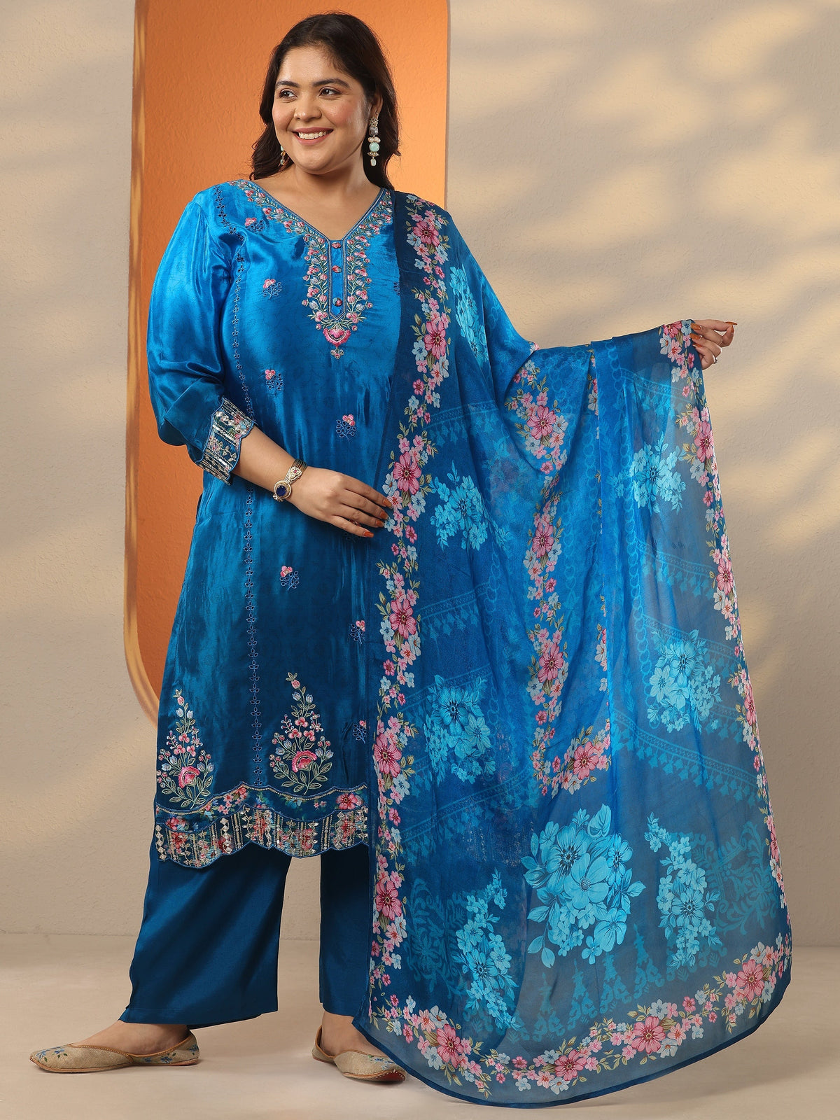 Plus Size Blue Embroidered Crepe Straight Suit Set With Dupatta