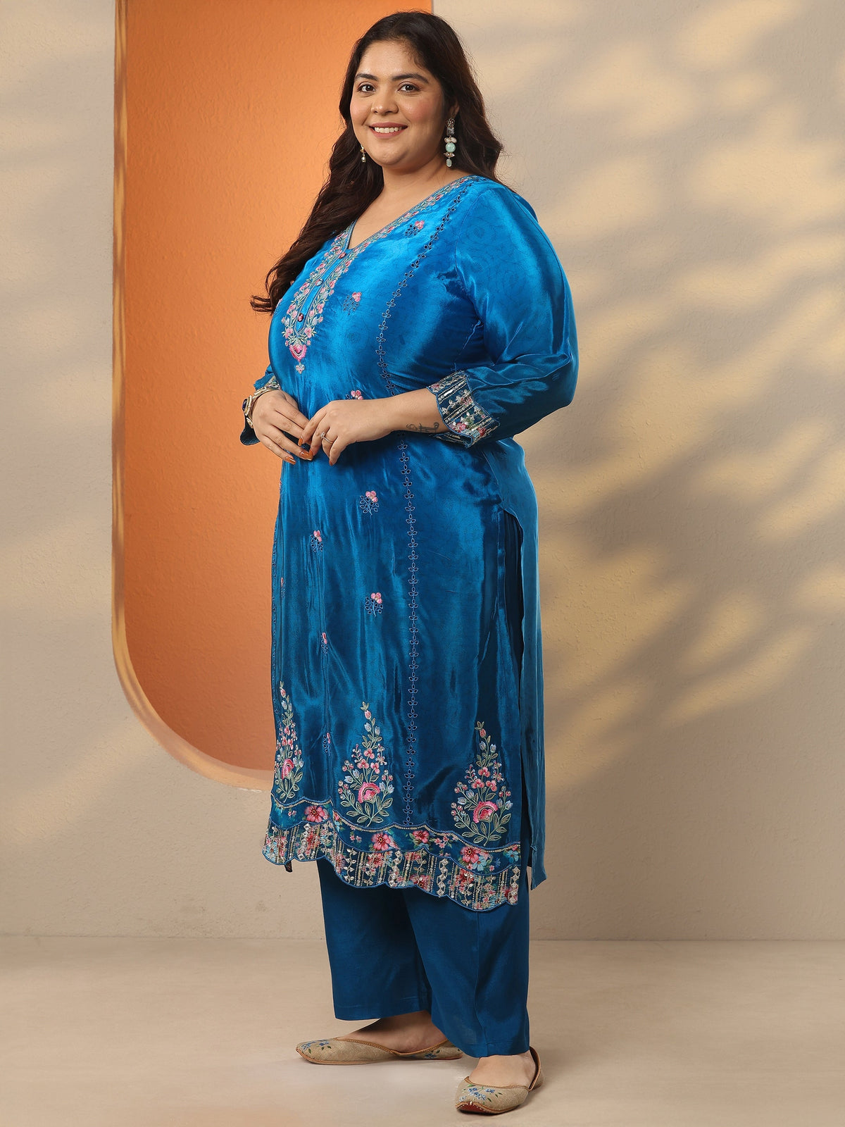 Plus Size Blue Embroidered Crepe Straight Suit Set With Dupatta