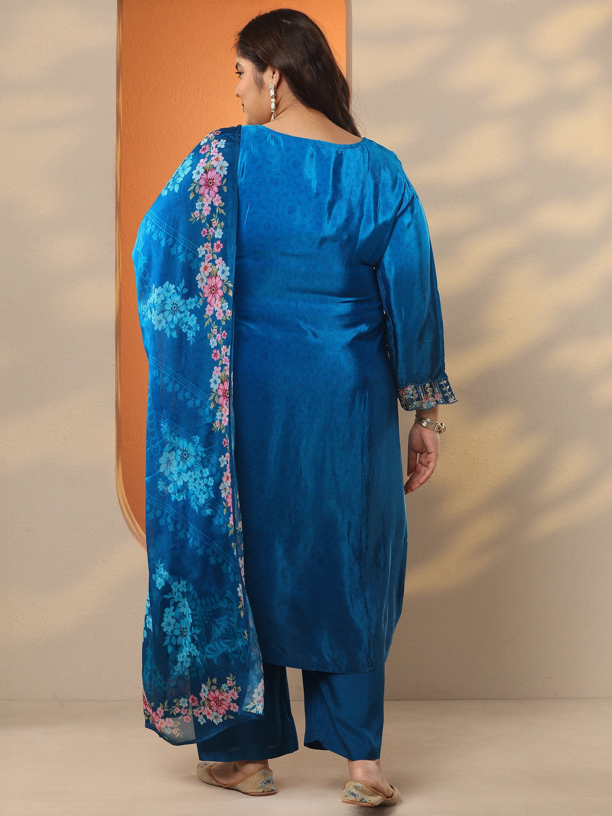 Plus Size Blue Embroidered Crepe Straight Suit Set With Dupatta
