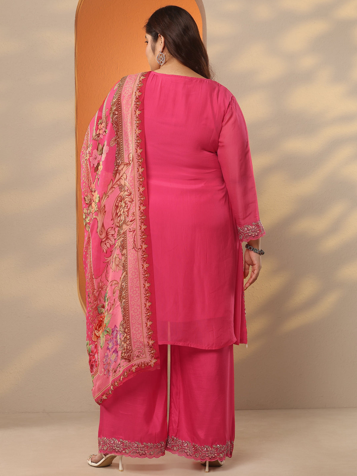 Plus Size Coral Embroidered Organza A-Line Suit Set With Dupatta