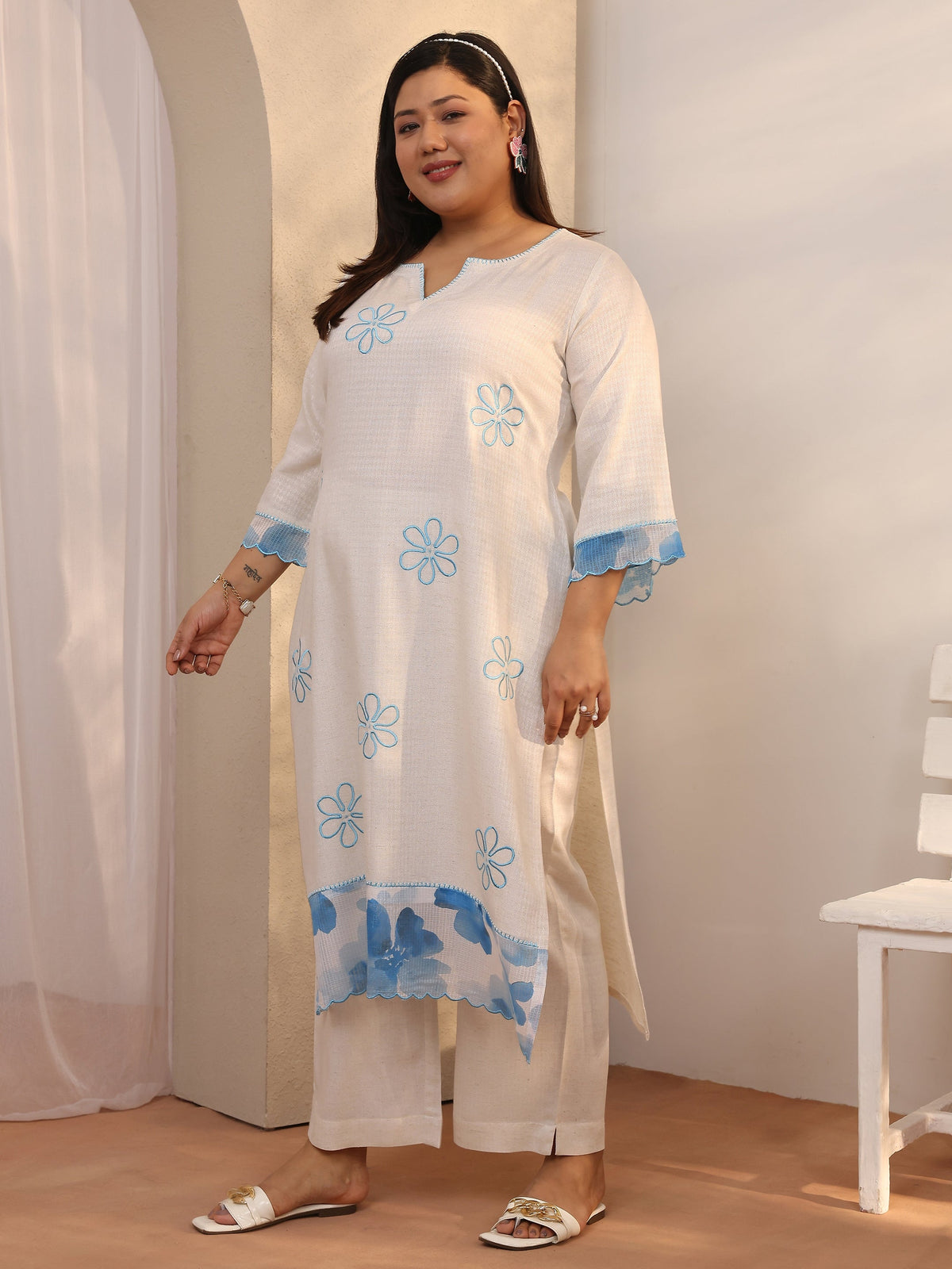 Plus Size Off white Embroidered cotton blend Straight Suit Set With Dupatta