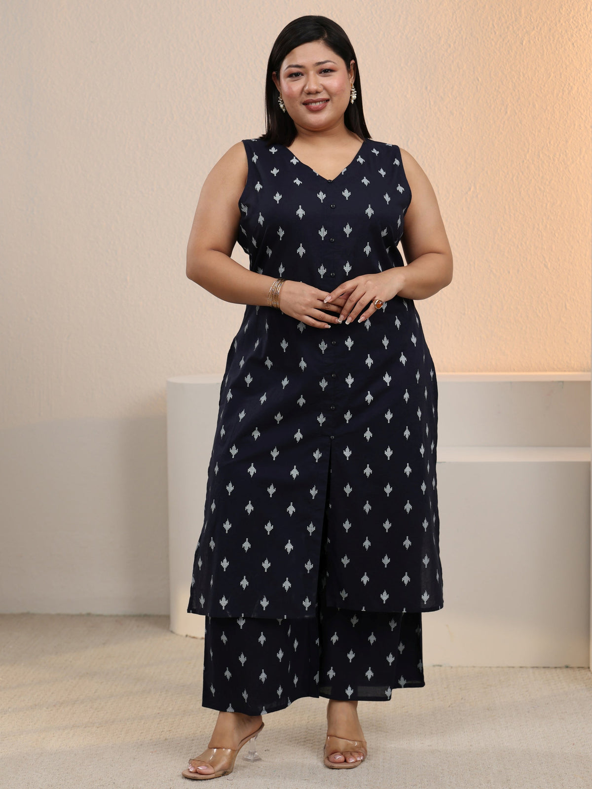 Plus Size Navy Blue Floral Printed Cotton Blend Straight Kurta Set