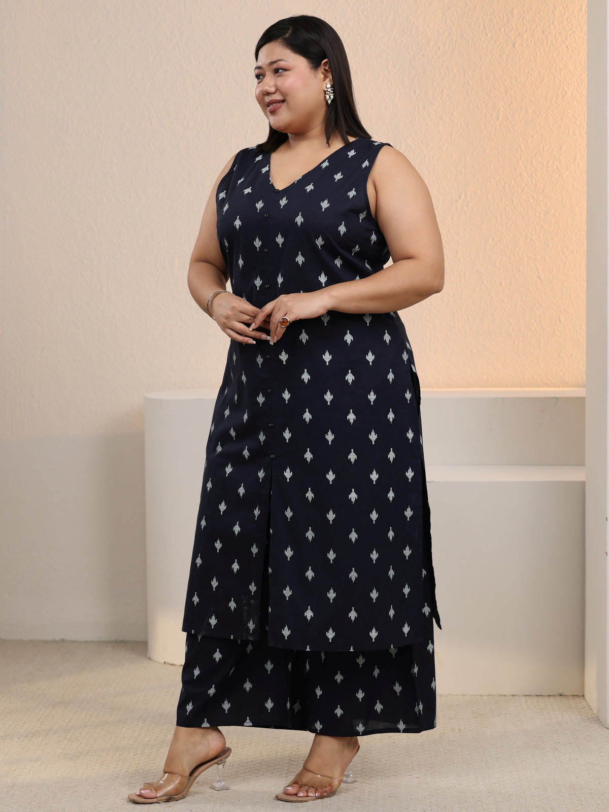 Plus Size Navy Blue Floral Printed Cotton Blend Straight Kurta Set