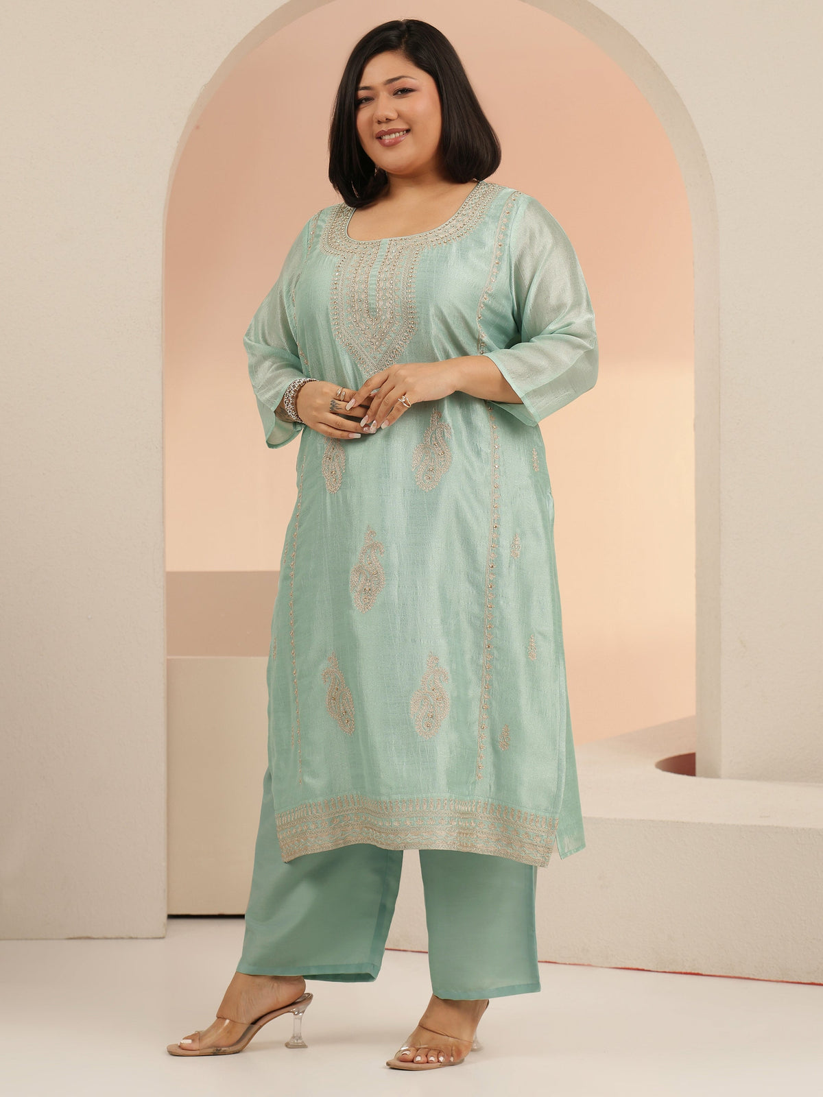 Plus Size Blue Paisley Zari Embellished Straight Suit Set