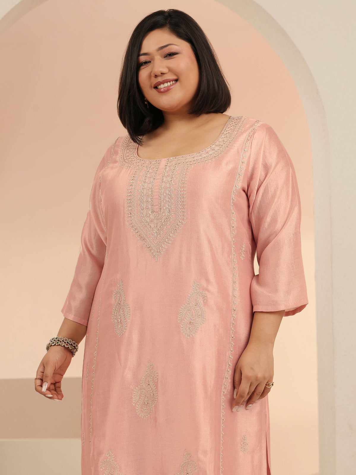 Plus Size Pink Paisley Zari Embellished Straight Suit Set