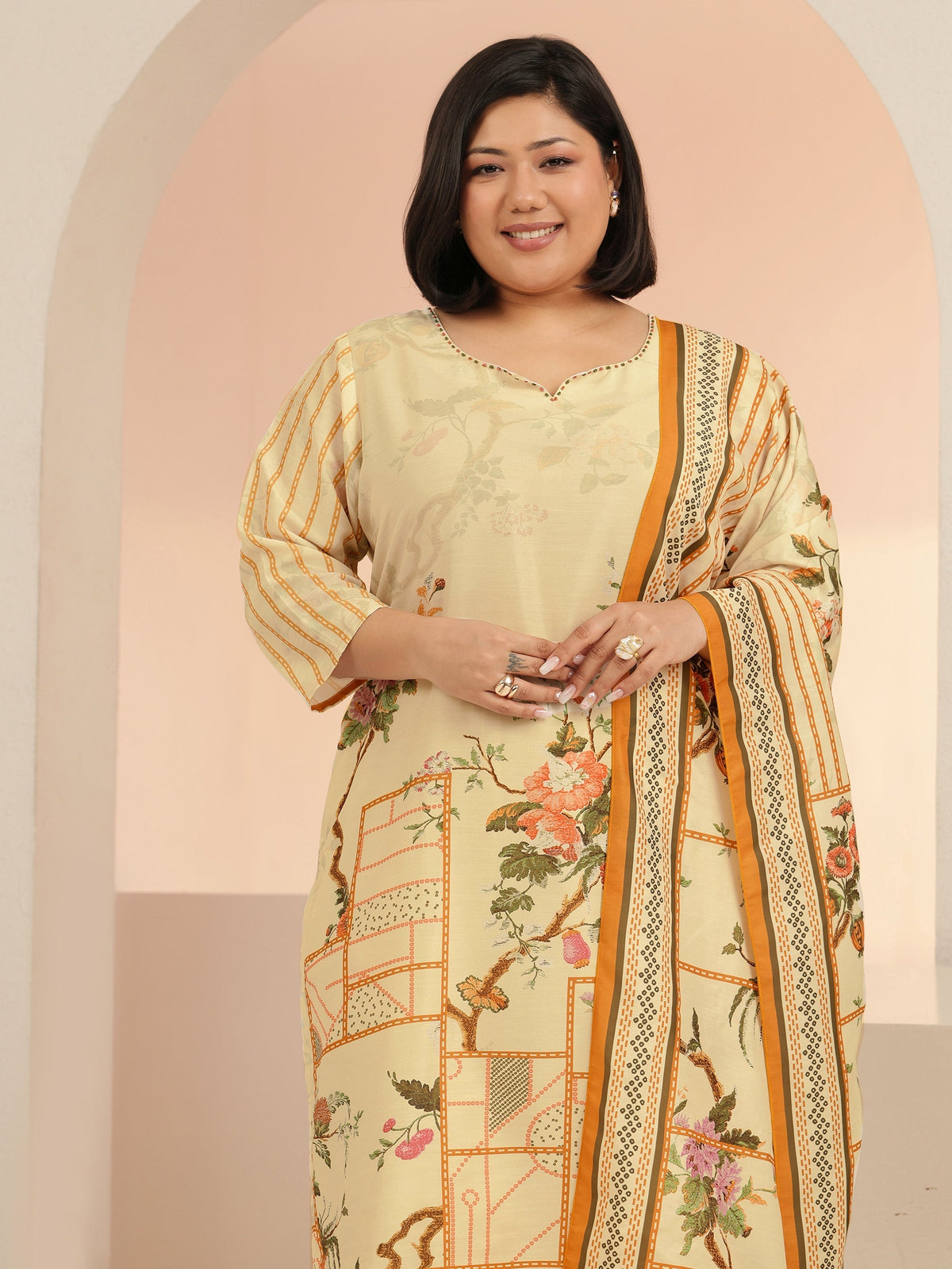 Plus Size Beige Floral Print Muslin Straight Suit Set