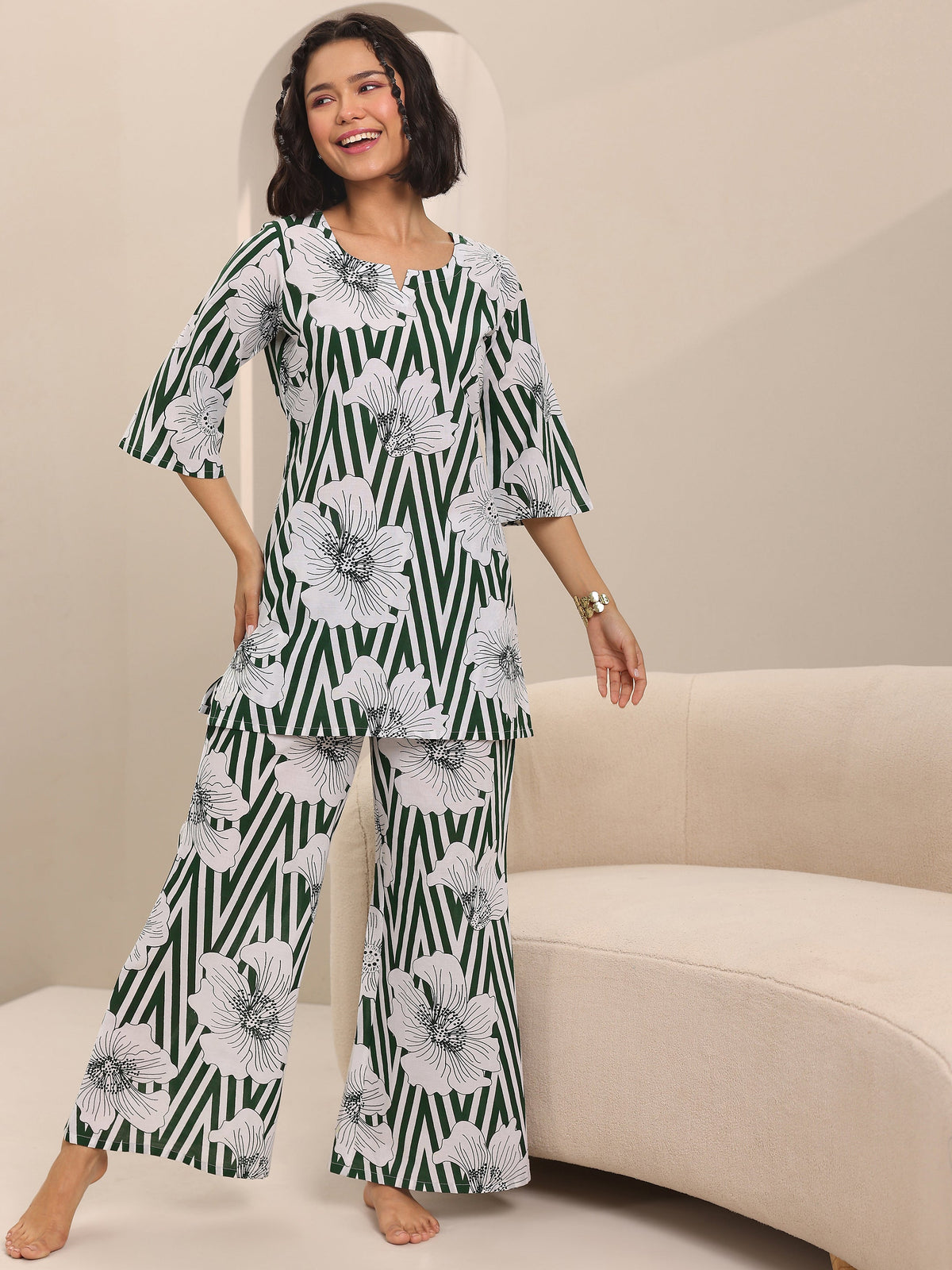 Anouk Green Printed Cotton Night Suits