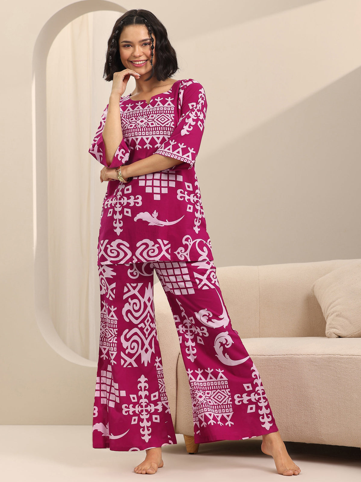 Anouk Pink Printed Cotton Night Suits