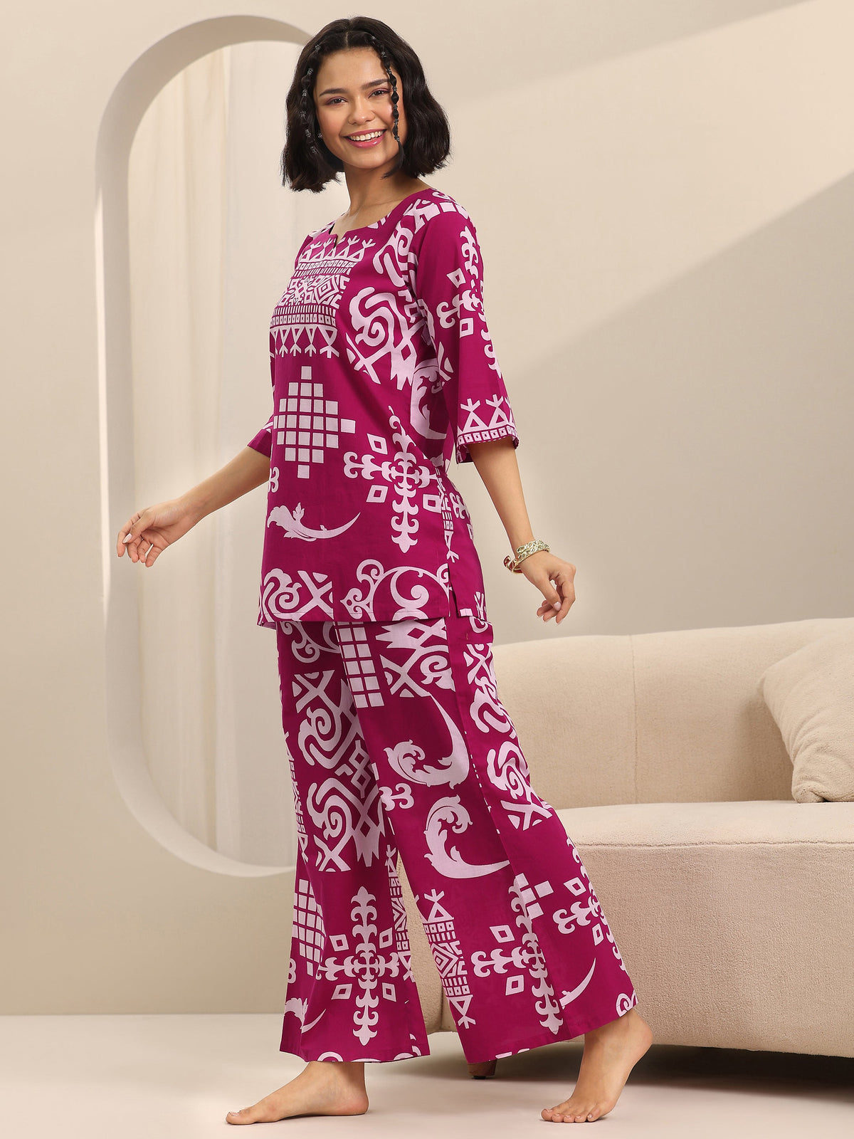 Anouk Pink Printed Cotton Night Suits
