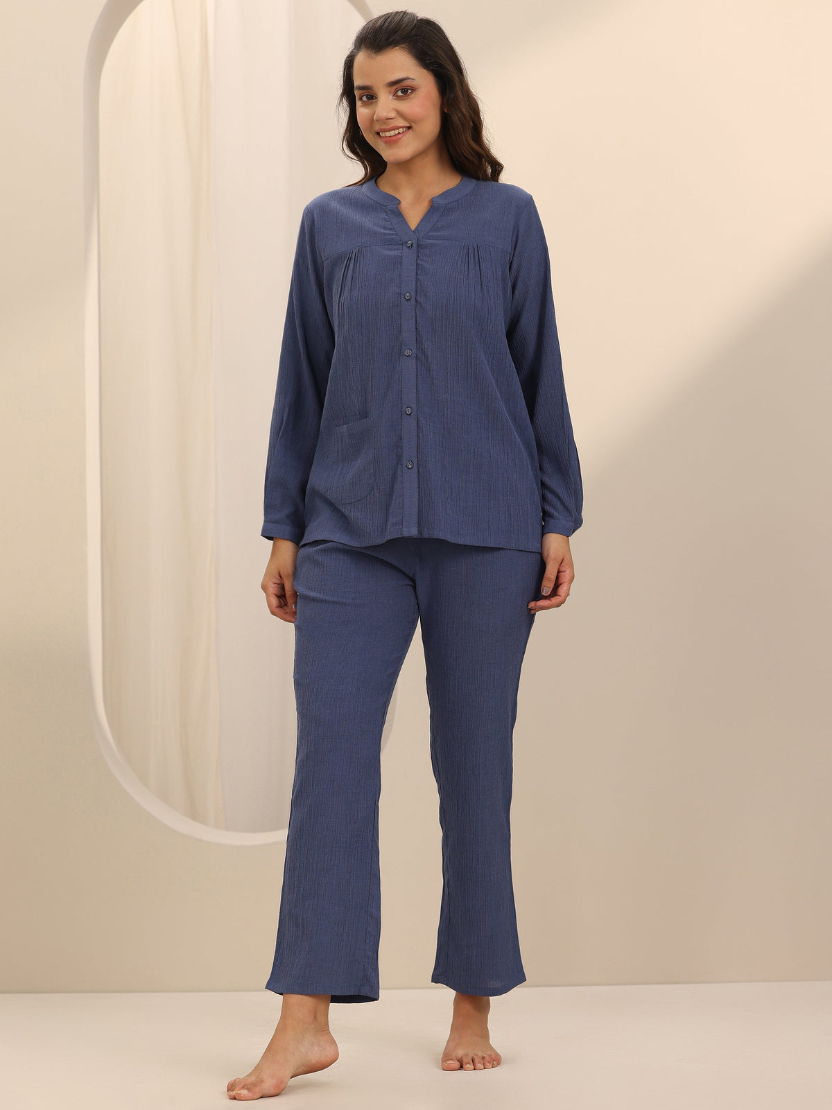 Anouk Blue Solid Cotton Blend Night Suit