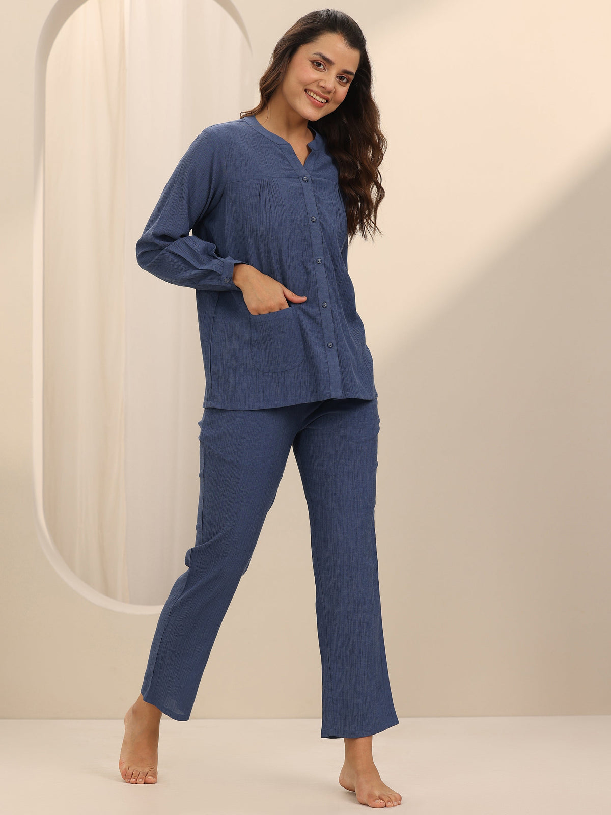 Anouk Blue Solid Cotton Blend Night Suit