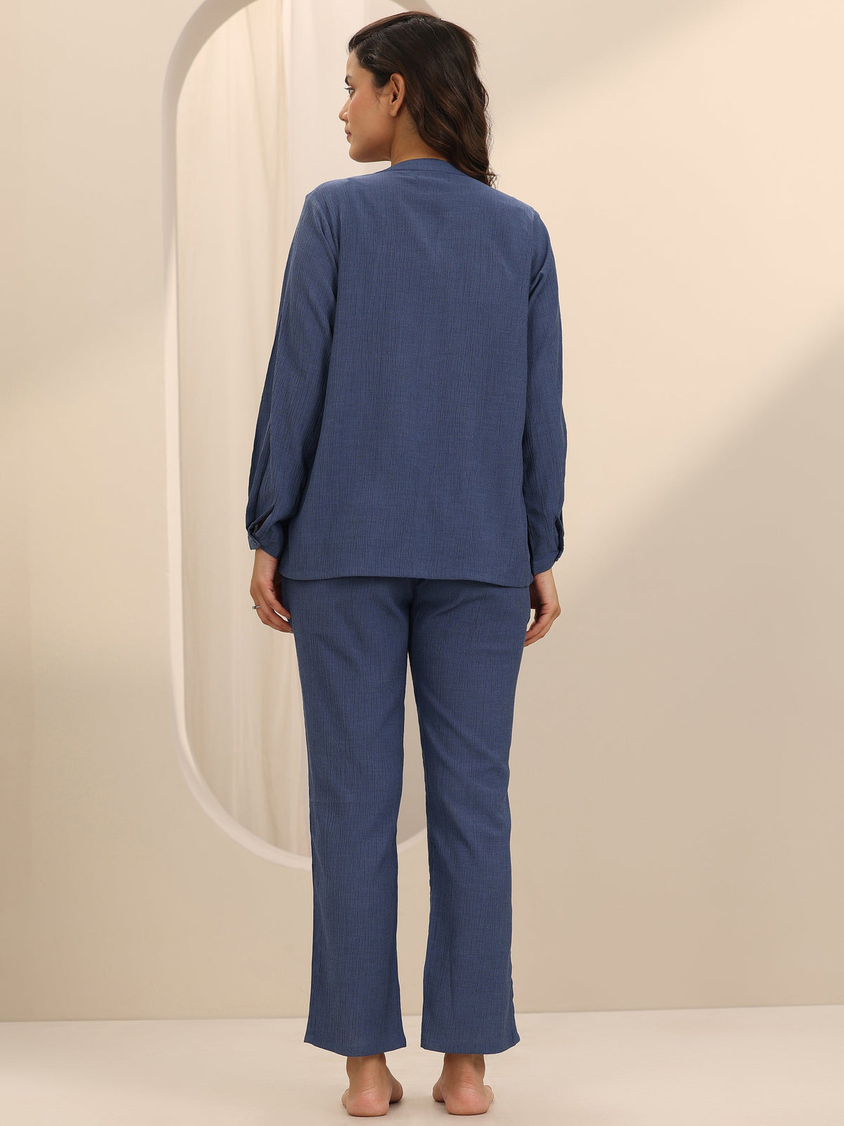 Anouk Blue Solid Cotton Blend Night Suit
