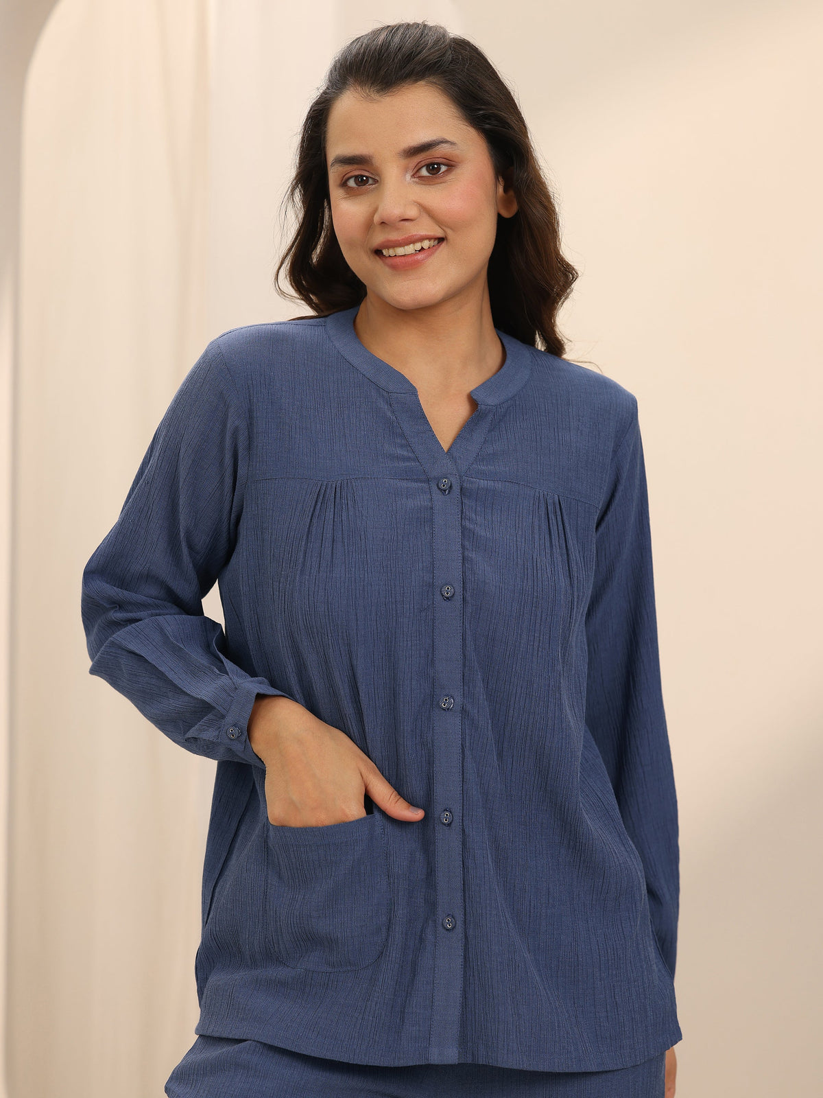 Anouk Blue Solid Cotton Blend Night Suit