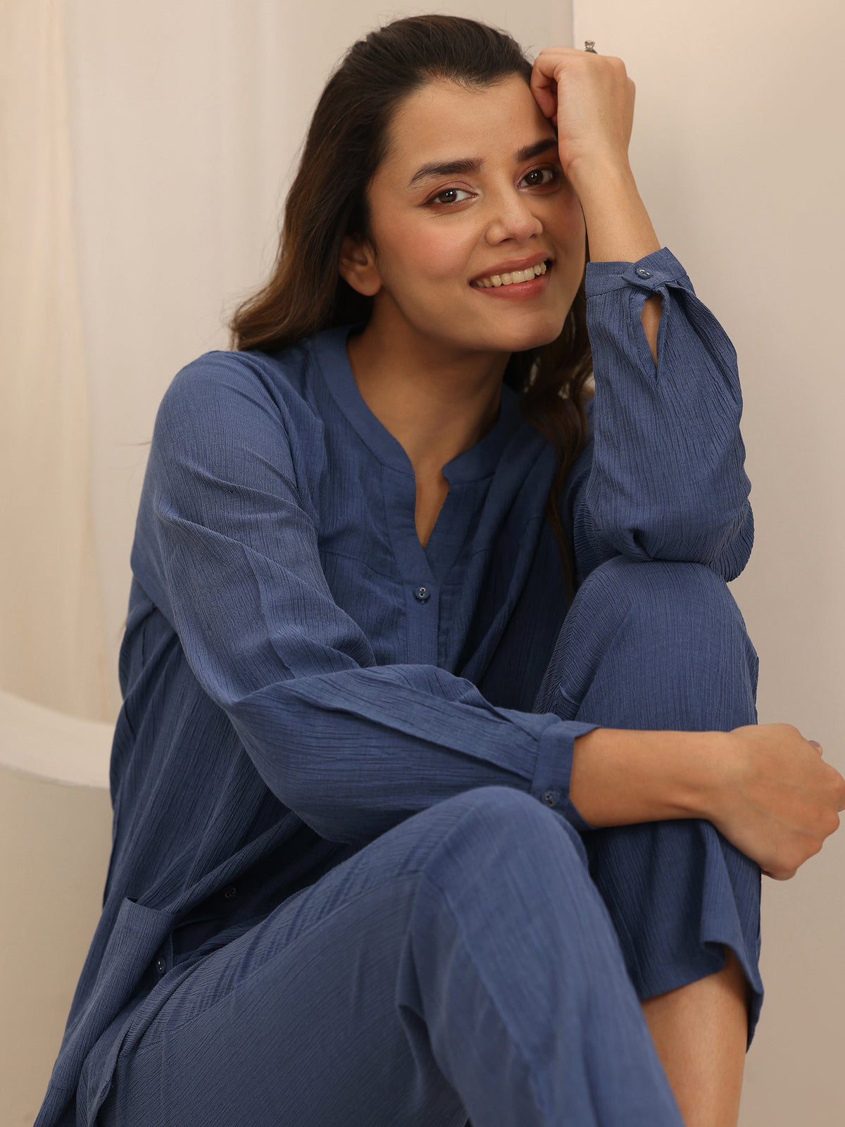 Anouk Blue Solid Cotton Blend Night Suit