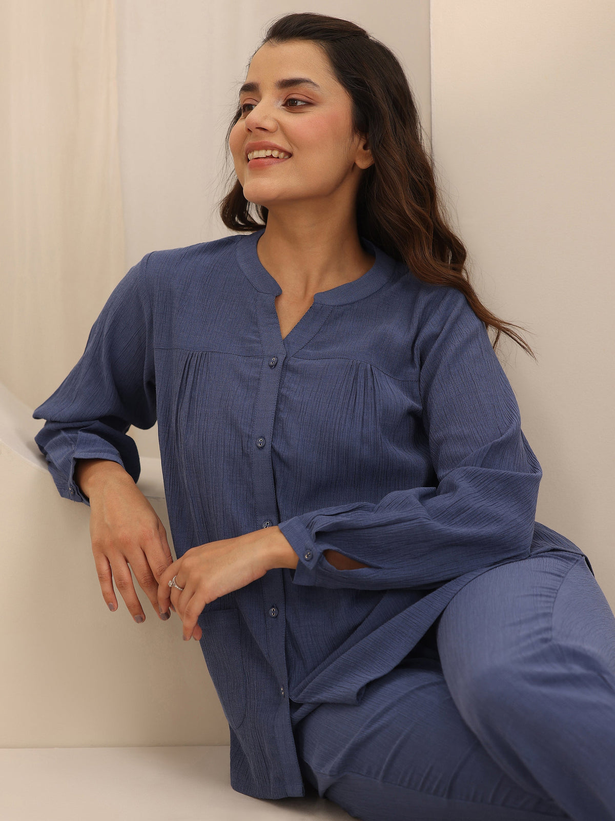 Anouk Blue Solid Cotton Blend Night Suit